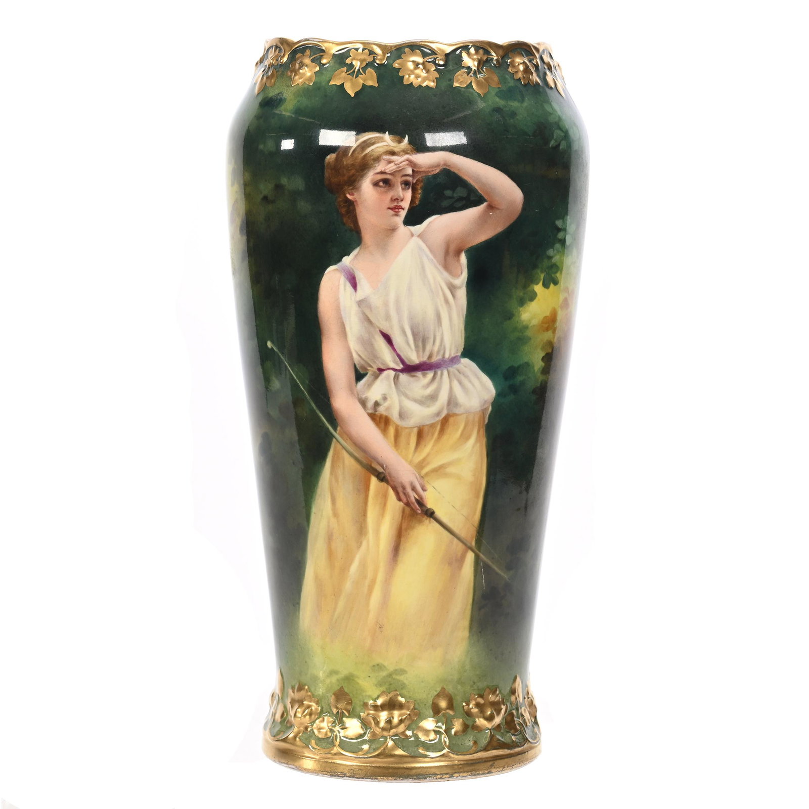 Vase Marked Royal Bonn: Vase Marked Royal Bonn, 11.75" x 5.75", Green, Brown And Yellow Tones, Young Woman Holding Long Bow, Artist Signed, Nice Gold Trim Highlights, Two Small Scratches, Elfriede & Marvin Miller Estate, ND.