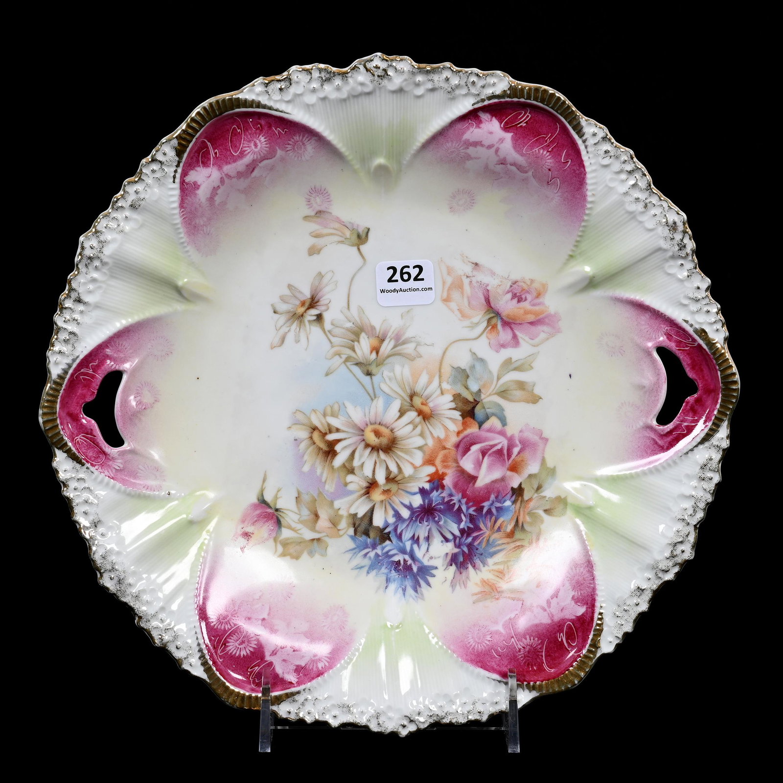 Cake Plate Marked R.S. Prussia: Cake Plate Marked R.S. Prussia, 10.5", Cream, Green, Pink And White Tones, Wild Floral Decor, Marvin & Kay Kraus, NE.