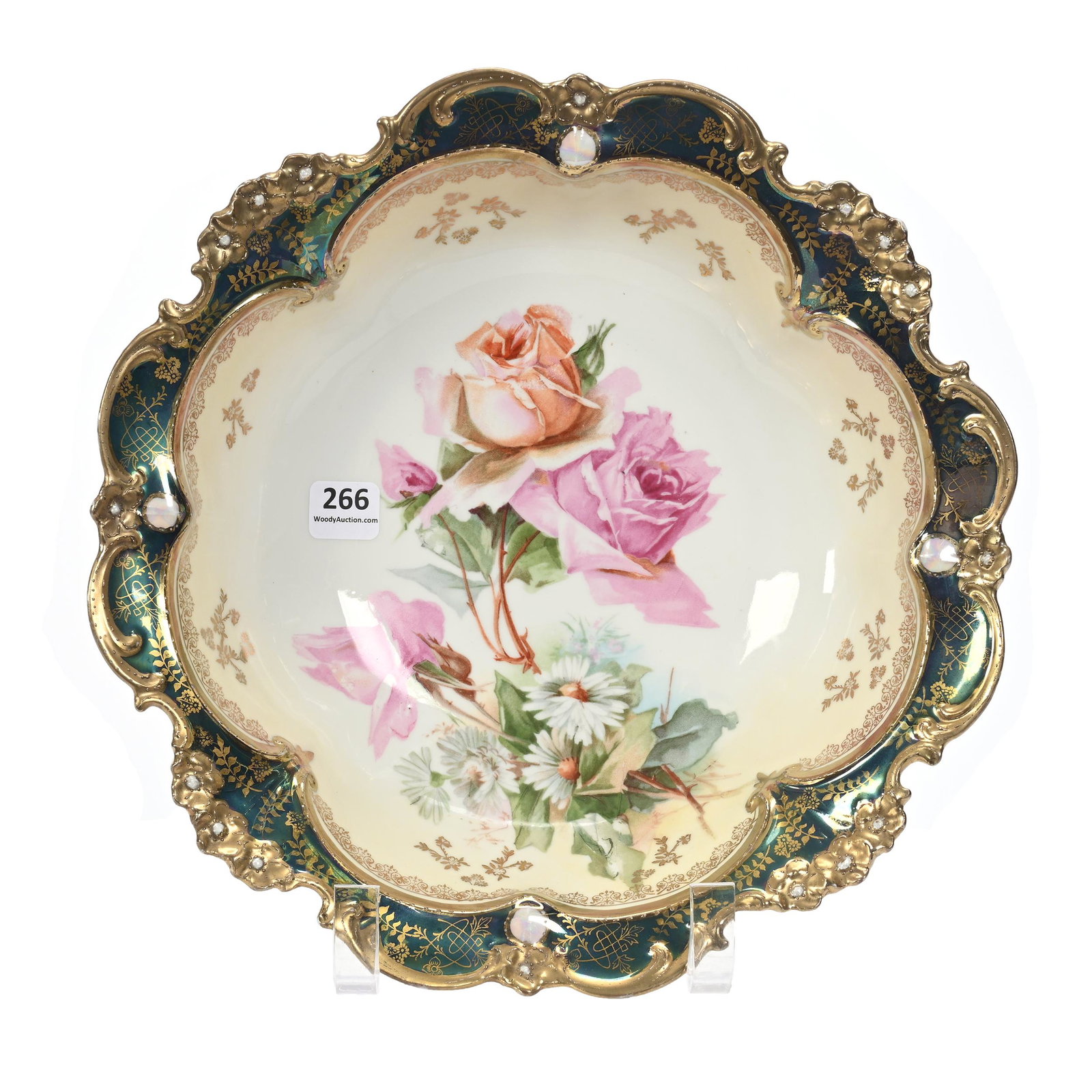 Bowl Marked R.S. Prussia: Bowl Marked R.S. Prussia, 10.75", Mold #56, Cream Center With Rose And Daisy Decor, Beautiful Tiffany Iridescent Border, Gold Trim And Opal Jewel Highlights, Marvin & Kay Kraus, NE.