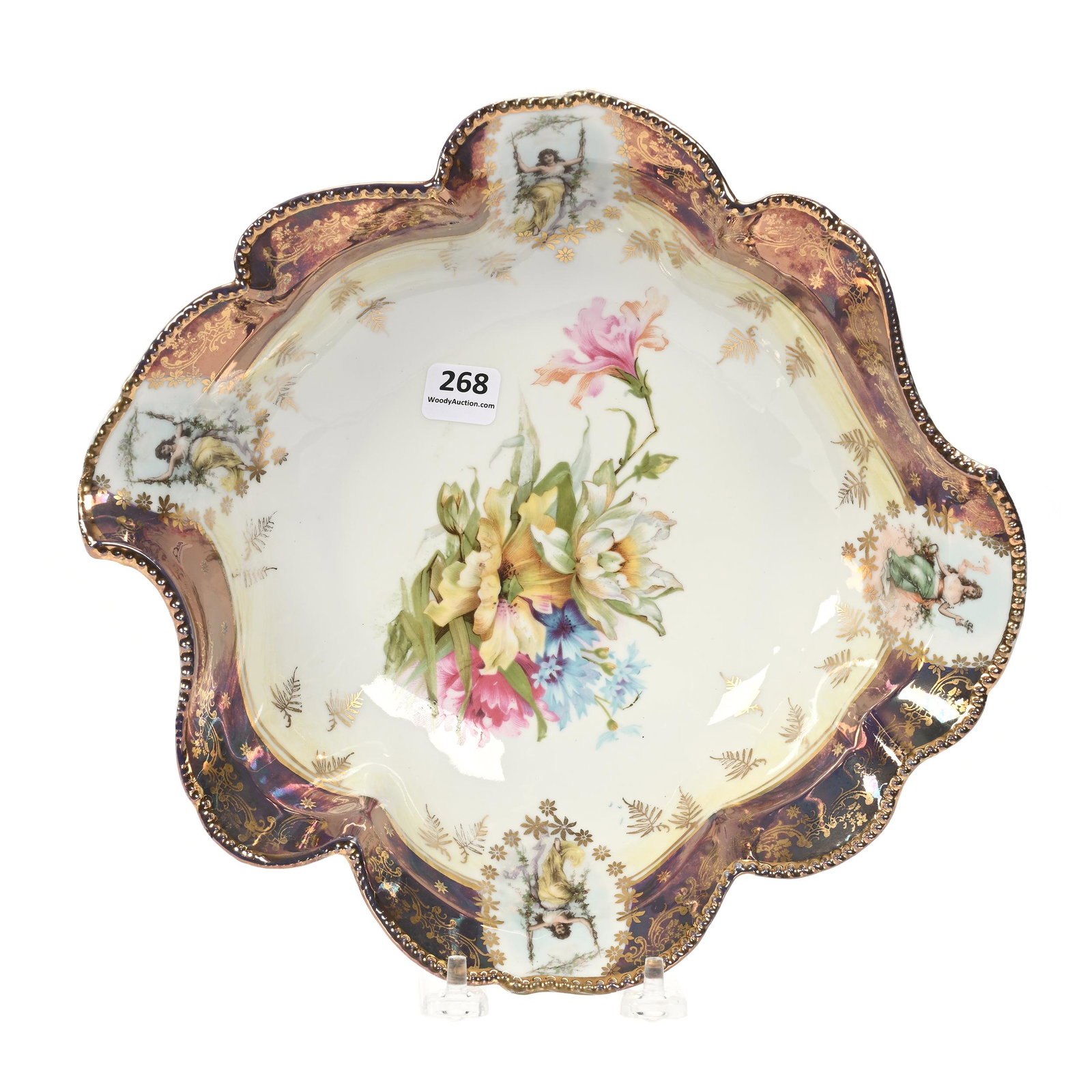 Bowl, Unmarked R.S. Prussia: Bowl, Unmarked R.S. Prussia, 10.75", Odd Shape, White, Yellow And Bronze With Wild Floral Decor And Medallion Images Of Women, Michigan Private Collection.