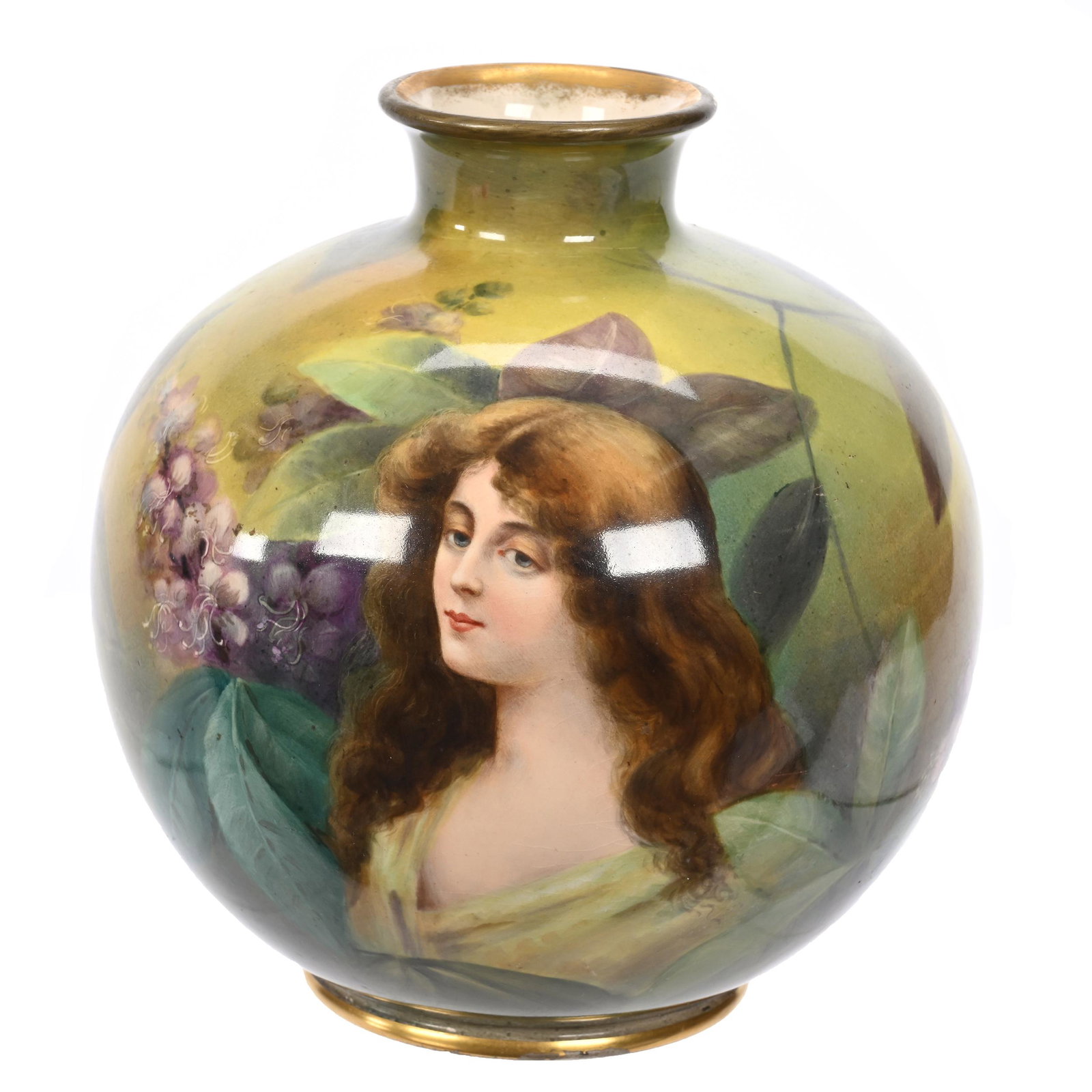 Ball Vase Marked Royal Bonn: Ball Vase Marked Royal Bonn, 7" x 6.5", Green And Yellow Tones, Portrait Of Young Girl, Floral And Leaf Background, Artist Signed, Elfriede & Marvin Miller Estate, ND.