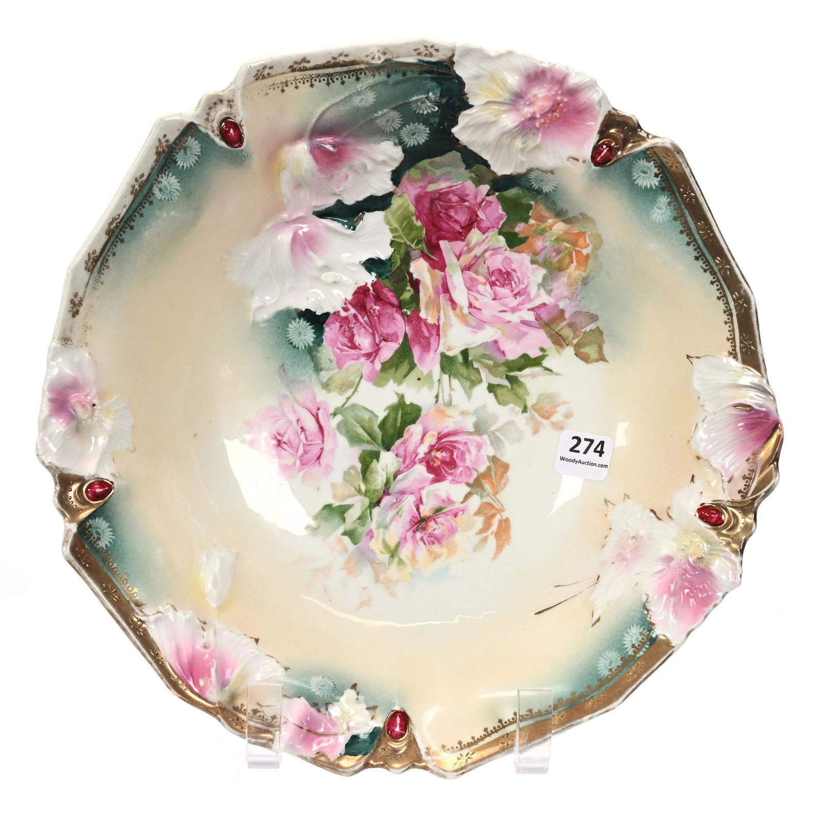 Bowl Marked R.S. Prussia: Bowl Marked R.S. Prussia, 10.75", Floral Mold, Cream And Green Tones, Pink Rose Decor, Red Jewel Highlights, Some Discoloration On Base But Unable To Locate Any Repair, Marvin & Kay Kraus, NE.