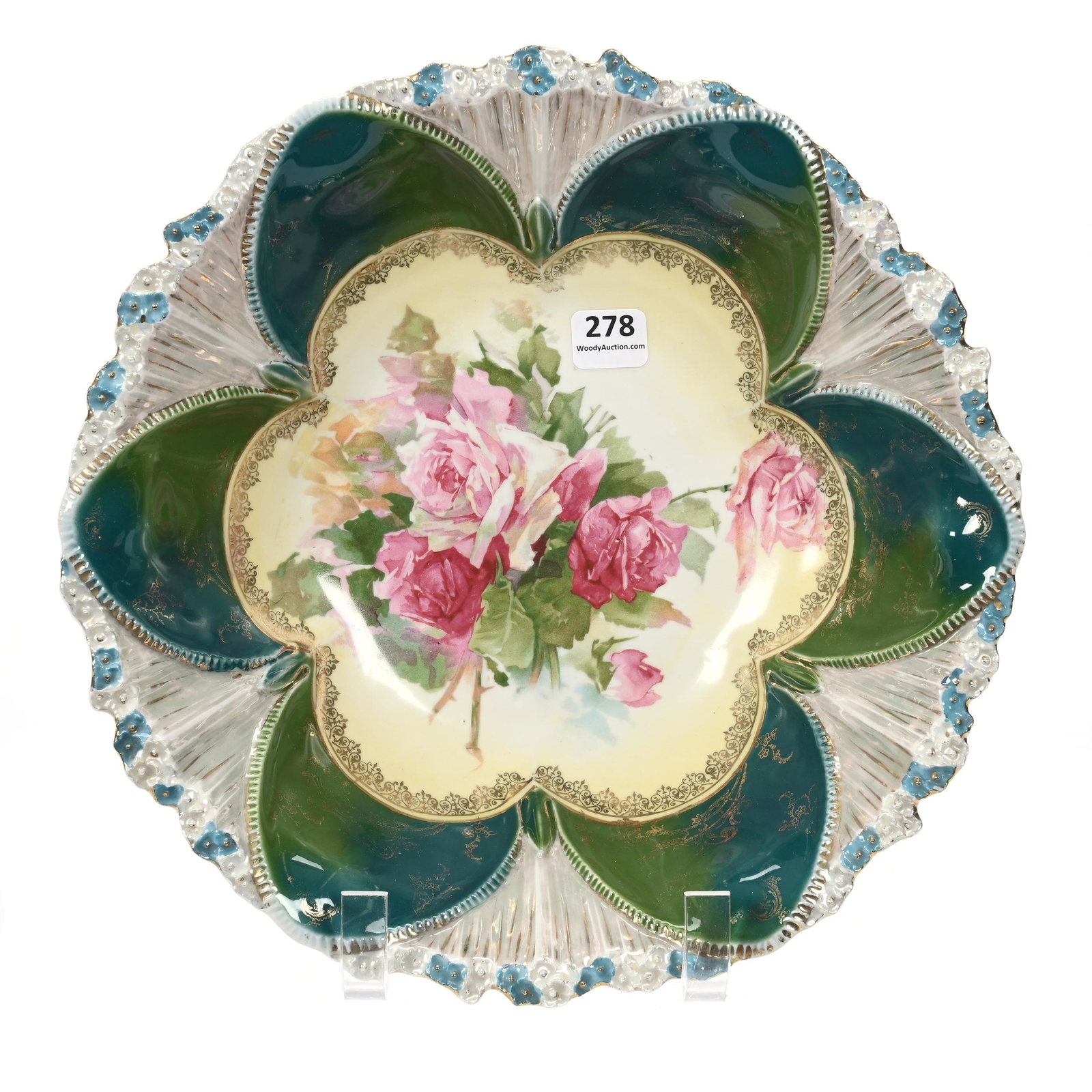 Bowl Marked R.S. Prussia: Bowl Marked R.S. Prussia, 10.75", Cream Center, Red Rose Decor, Blue/Green Domes, Marvin & Kay Kraus, NE.