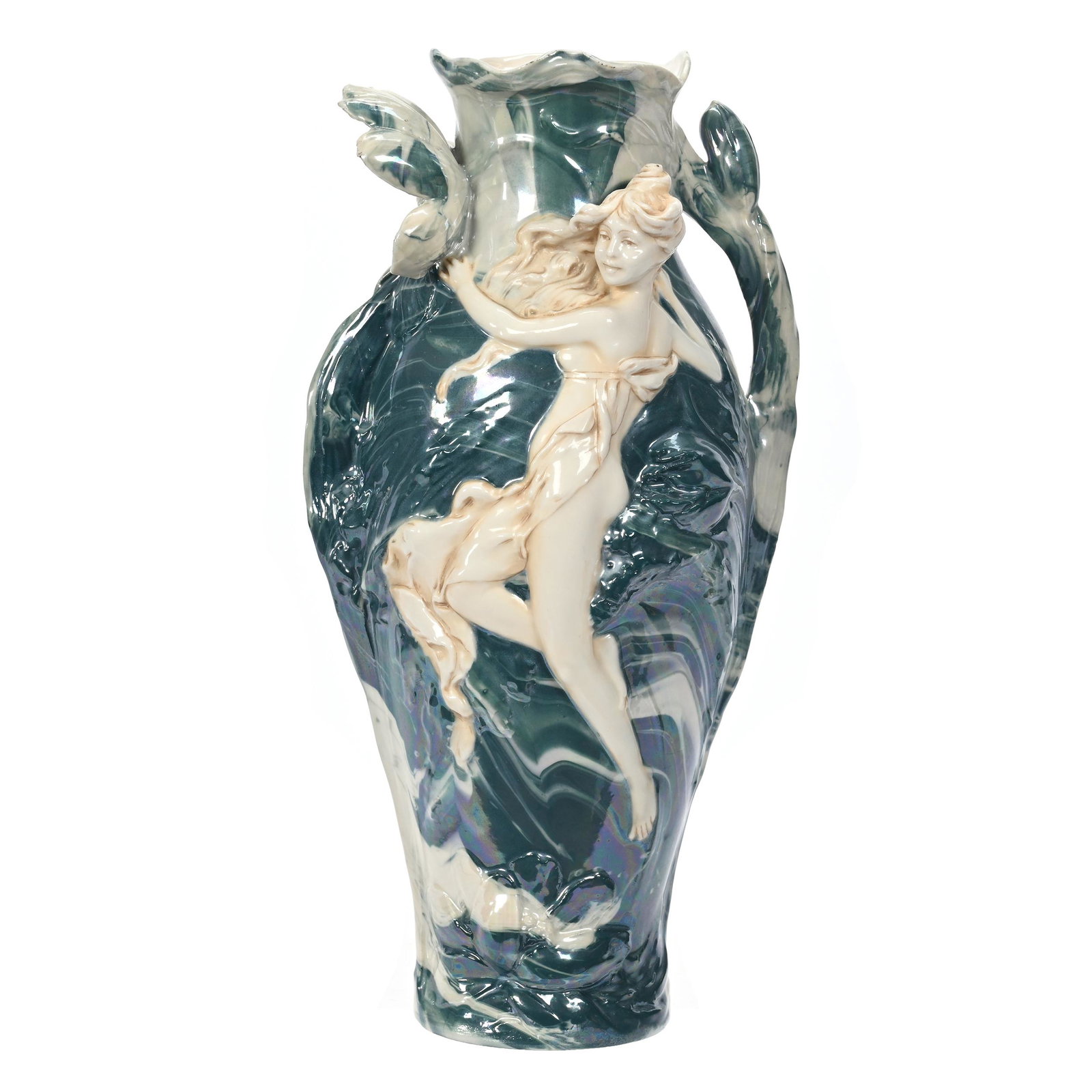Vase Marked Royal Dux (Pink Triangle): Vase Marked Royal Dux (Pink Triangle), 11.75" x 5.5", Iridized Blue And White Marbleized Ground With Embossed Art Nouveau Woman, Elfriede & Marvin Miller Estate, ND.