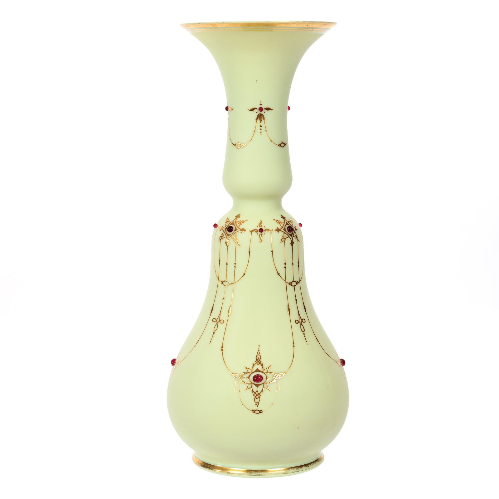 Vase, Unmarked Yellow Opaque Art Glass: Vase, Unmarked Yellow Opaque Art Glass, 15" x 6", Gold Enamel Garland Design With Applied Red Jewel Highlights, Highly Reactive Under Black Light, Marvin & Kay Kraus, NE.