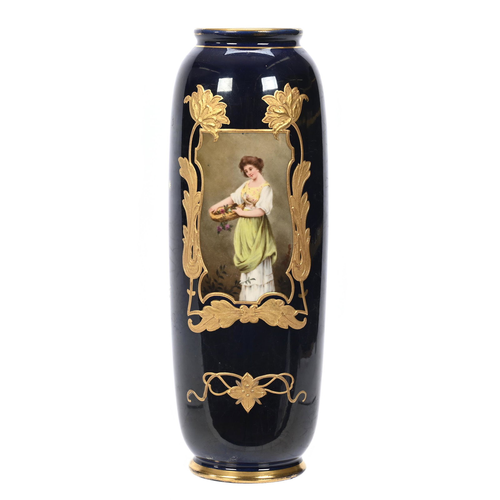 Vase Marked Royal Bonn: Vase Marked Royal Bonn, 9" x 3", Cobalt Blue With Panel Scene Of Young Woman Holding Basket, Gold Enamel Floral Highlights, Artist Signed, Elfriede & Marvin Miller Estate, ND.
