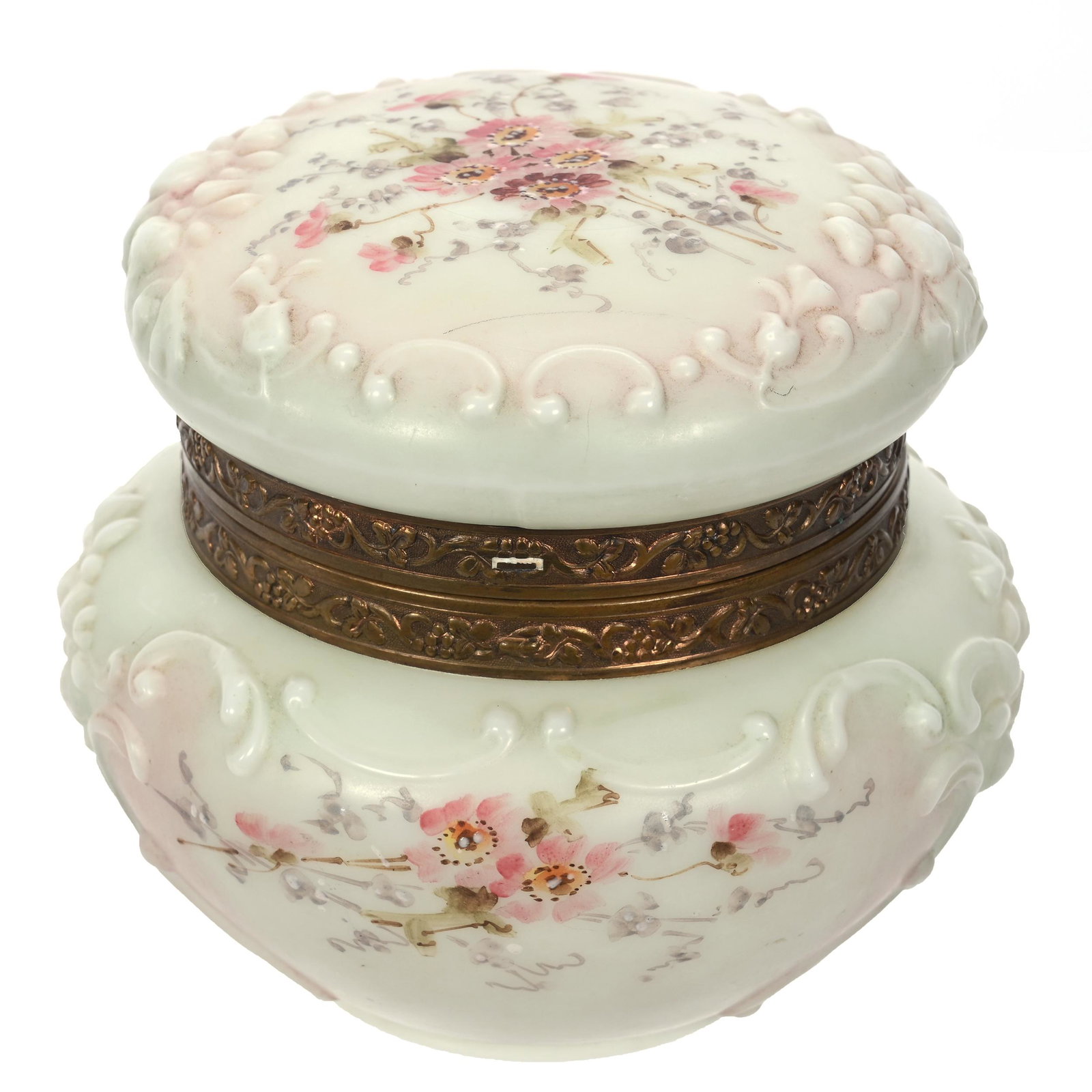 Jewel Box, Wave Crest Stamp Mark: Jewel Box, Wave Crest Stamp Mark, 4.25" x 4.5", Floral And Scroll Mold, Green, Pink And White Tones, Pink Floral Decor, No Clasp, Clifford Swift Collection, GA.