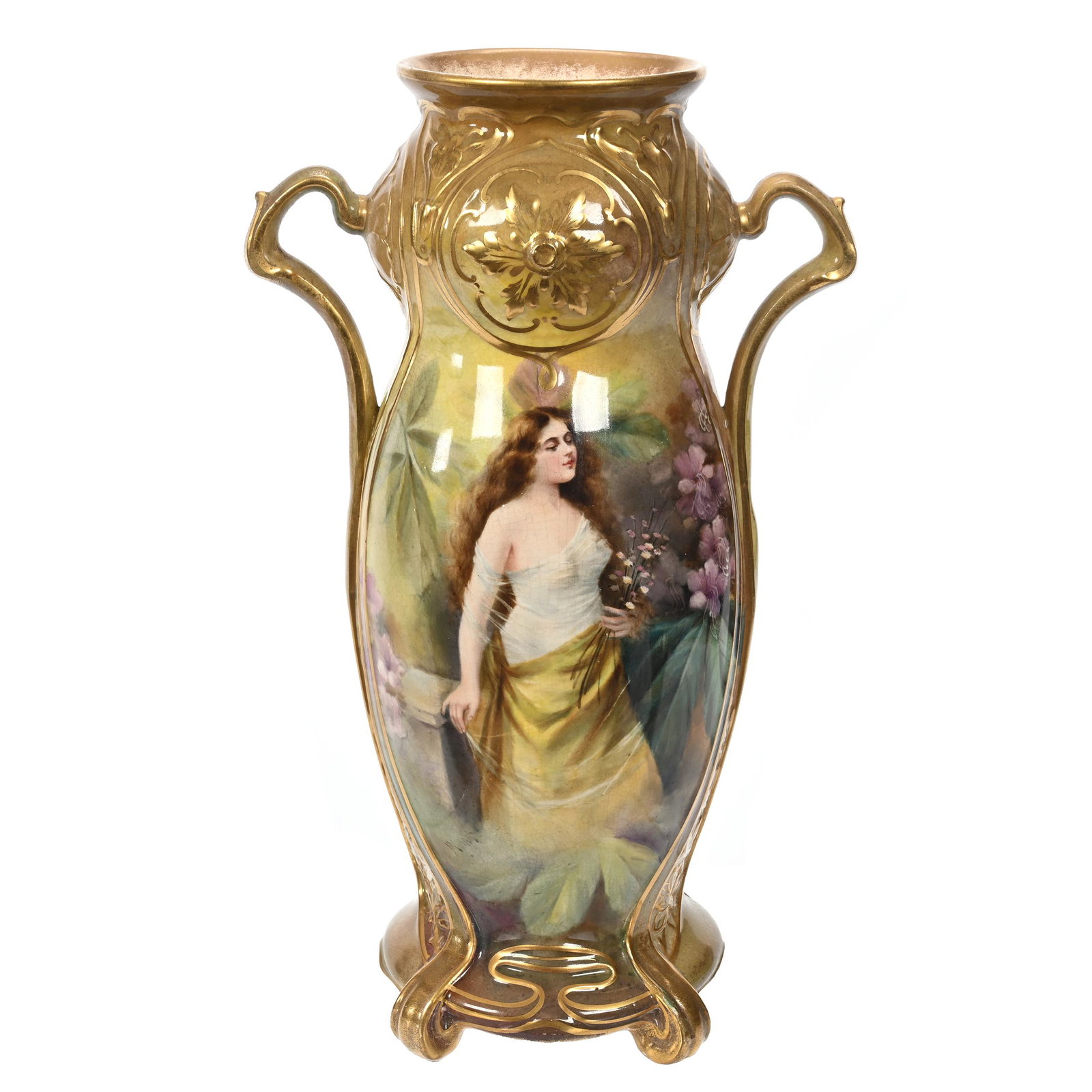 Vase Marked Royal Bonn: Vase Marked Royal Bonn, 13.5" x 8", Two Handles, Yellow And Brown Tones With Portrait Of Young Girl, Floral And Gold Highlights, Artist Signed, Glaze Chip Near Signature, Some Glaze Loss On Base, Elfr