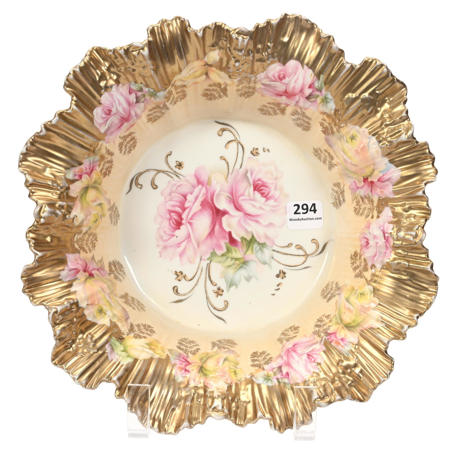 Bowl, Unmarked R.S. Prussia: Bowl, Unmarked R.S. Prussia, 10.25", Wild Ruffled Mold, Cream And White With Pink And Yellow Rose Decor, Heavy Gold Trim, Small Base Ring Chip, Marvin & Kay Kraus, NE.