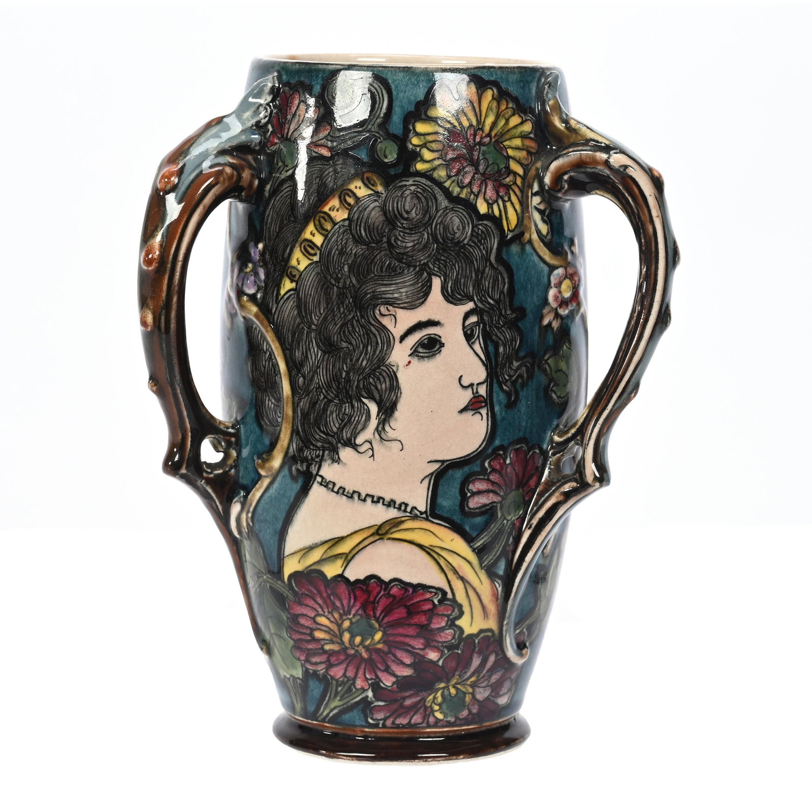 Loving Cup Marked Royal Bonn Art Nova #229: Loving Cup Marked Royal Bonn Art Nova #229, 7" x 5.25", Three Handles, Turquoise Ground With Multi-Color Floral And Art Nouveau Woman's Image, Elfriede & Marvin Miller Estate, ND.