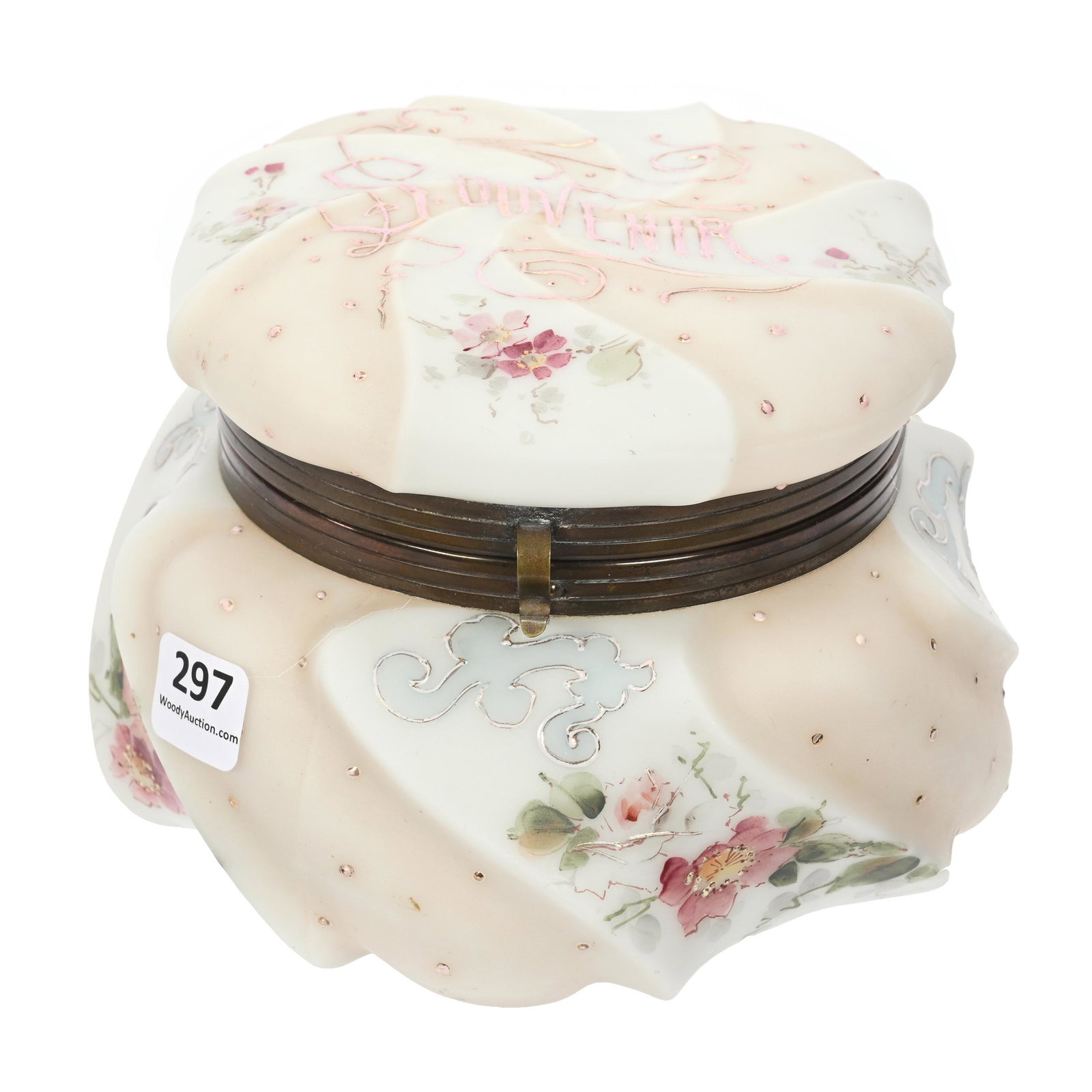 Jewel Box, Unmarked Wave Crest: Jewel Box, Unmarked Wave Crest, 4.5" x 6", Swirl Mold, Cream And White Tones, Floral Highlights, Enameled "Souvenir" On Lid, Clifford Swift Collection, GA.