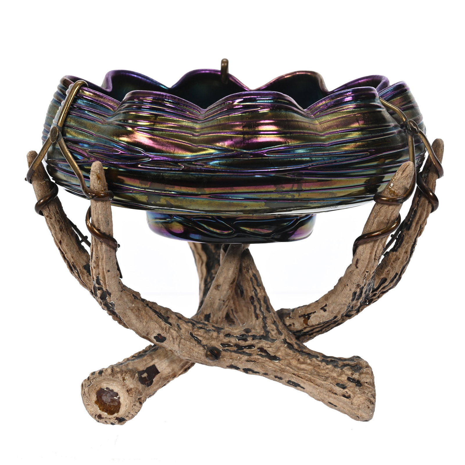 Center Bowl, Iridescent Loetz Style Art Glass: Center Bowl, Iridescent Loetz Style Art Glass, 5.75" x 6.5", Threaded Amethyst Bowl Mounted On Stag Horn Base, Marvin & Kay Kraus, NE.
