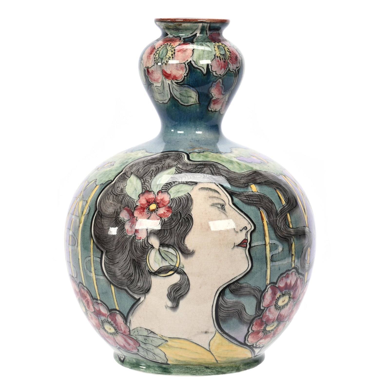 Vase Marked Royal Bonn Art Nova #D215: Vase Marked Royal Bonn Art Nova #D215, 8.75" x 6", Blue And Lavender And Green Background, Floral Decor, Bamboo And Art Nouveau Woman's Image, Elfriede & Marvin Miller Estate, ND.