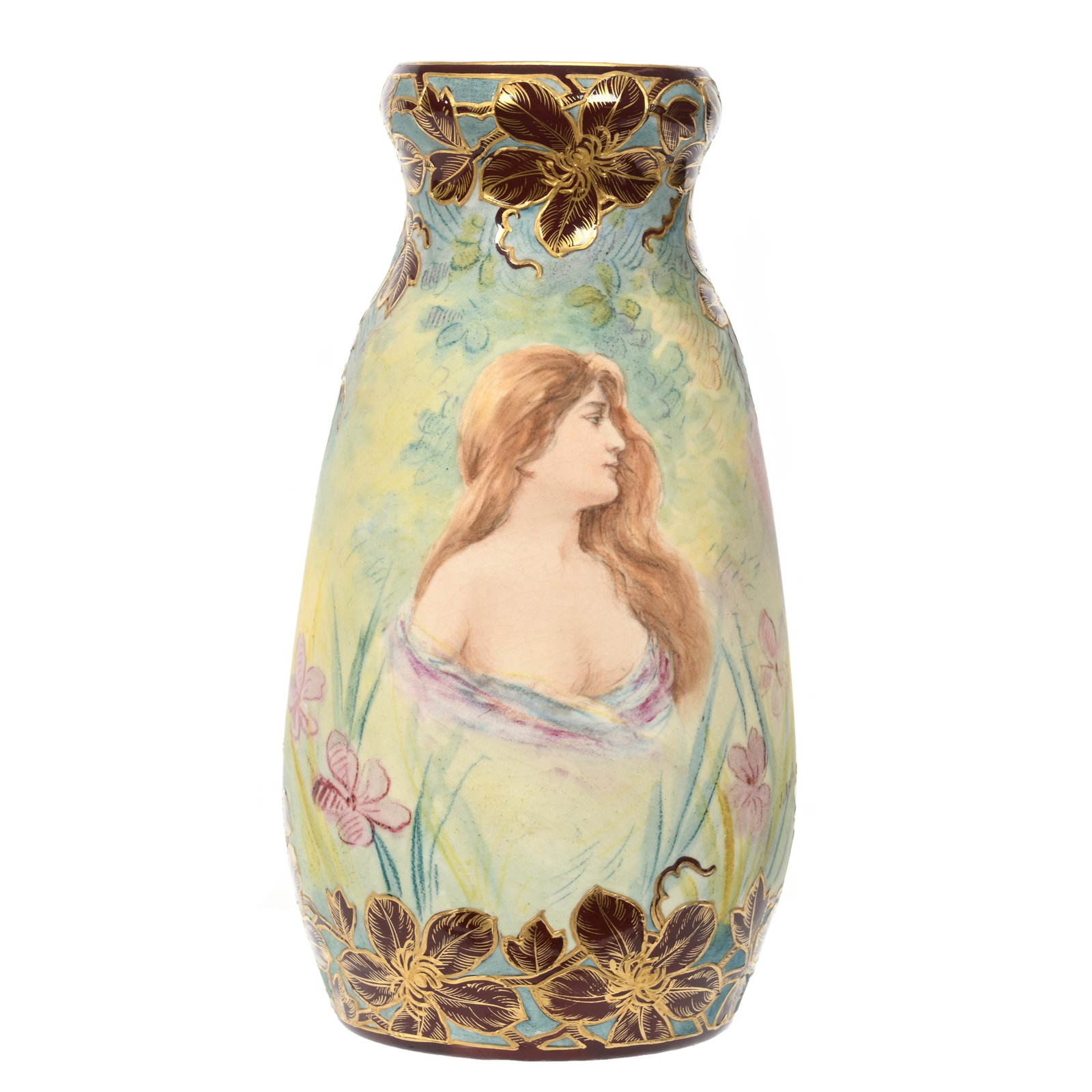 Vase Marked Royal Bonn: Vase Marked Royal Bonn, 8.5" x 4.25", Blue, Yellow And Green Matte Finish, Portrait Of Young Woman, Unusual Floral Brown Glaze Finish Border With Gold Stencil Highlights, Artist Signed J. Asch, Very U