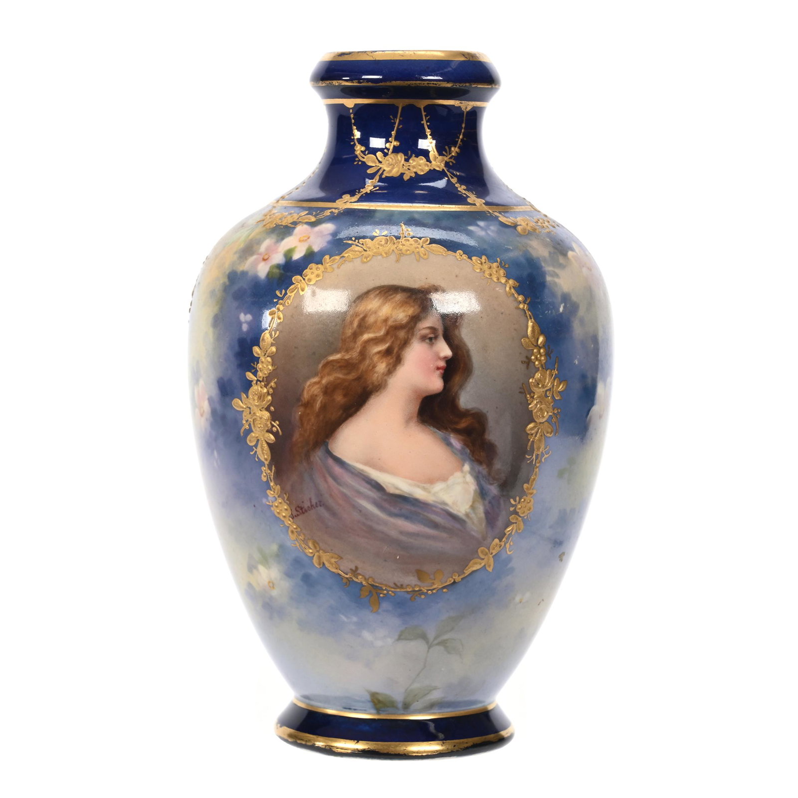 Vase Marked Royal Bonn: Vase Marked Royal Bonn, 7.75" x 4.5", Two-Tone Cobalt Blue, Medallion Portrait Of Young Woman, Artist Signed Sticher, Gold Enamel Floral Highlights, Elfriede & Marvin Miller Estate, ND.