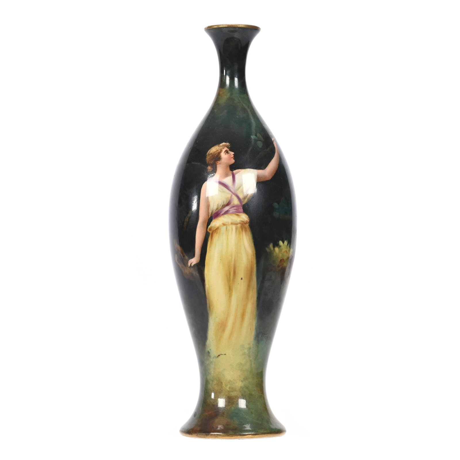 Vase Marked Royal Bonn: Vase Marked Royal Bonn, 10.5" x 3.25", Green And Yellow Tones, Scene Of Young Woman Reaching Into Branches, Artist Signed, Elfriede & Marvin Miller Estate, ND.
