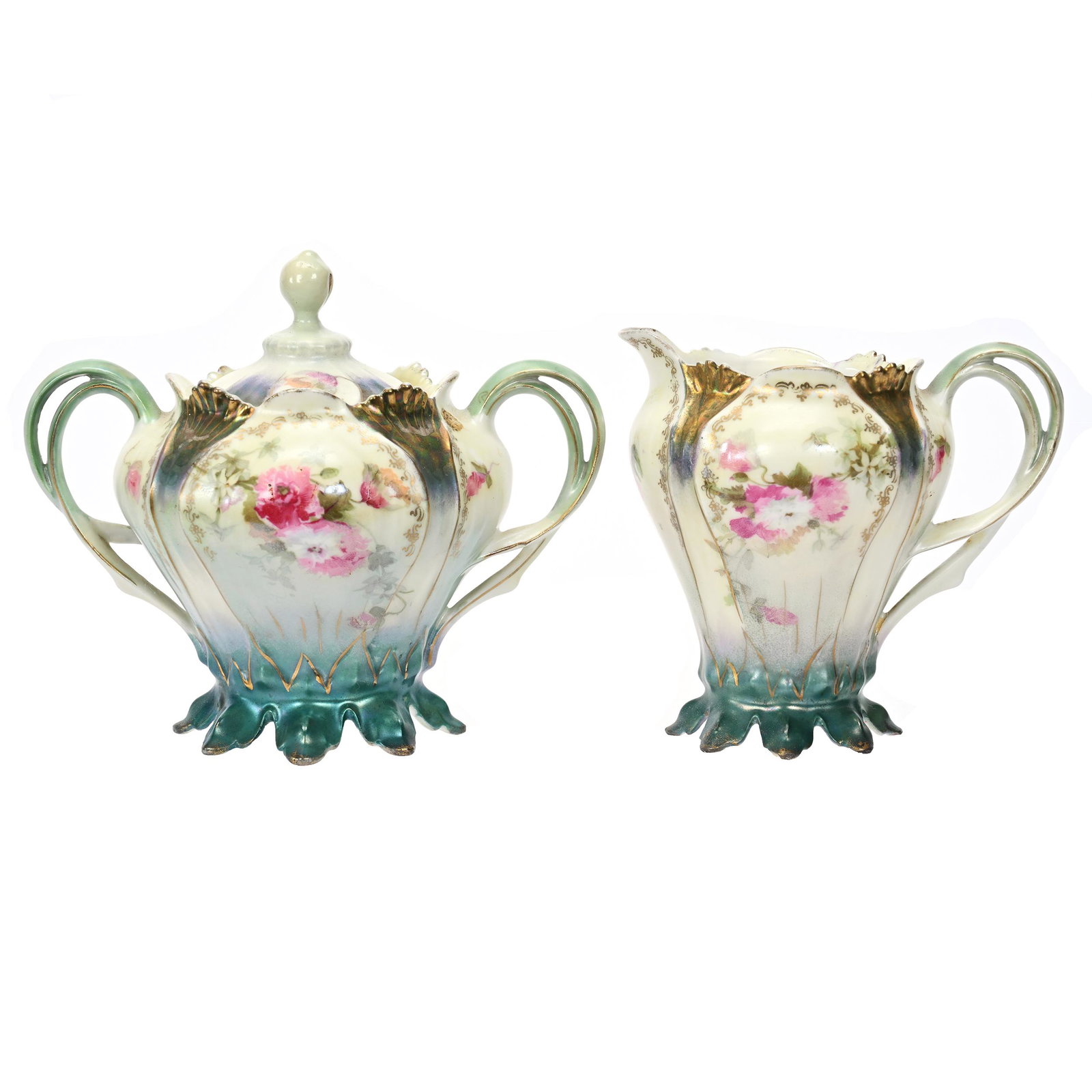 Creamer & Sugar Set, Unmarked R.S. Prussia: Creamer & Sugar Set, Unmarked R.S. Prussia, 5.25" x 6.25", Green And Yellow Satin Finish, Pink Floral Decor, Finial Repair, Marvin & Kay Kraus, NE.