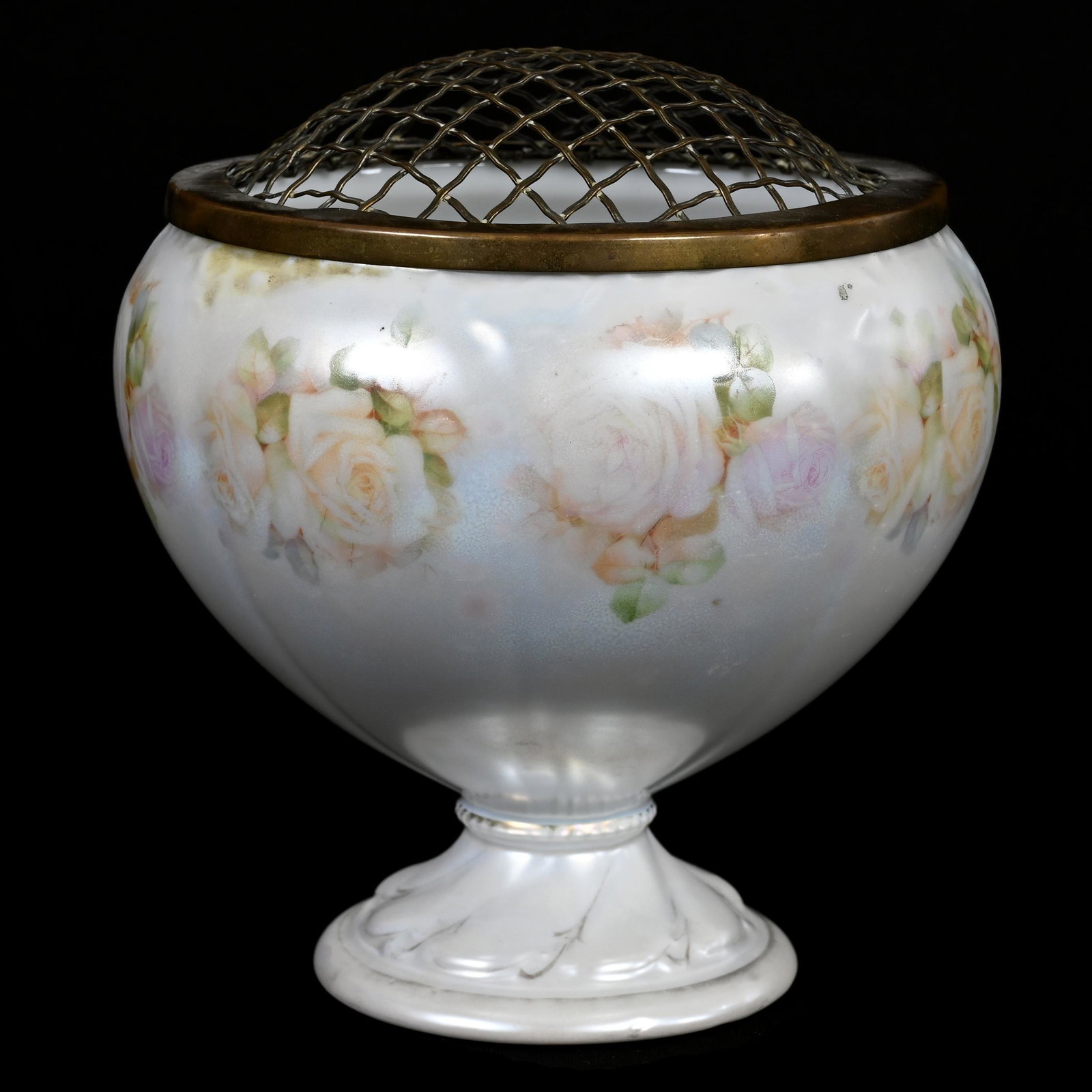 Pedestal Ferner, Royal Bayreuth Blue Mark: Pedestal Ferner, Royal Bayreuth Blue Mark, 7" x 6", White Satin Finish, White And Pink Rose Decor, Original Gilt Metal Flower Frog, Marvin & Kay Kraus, NE.