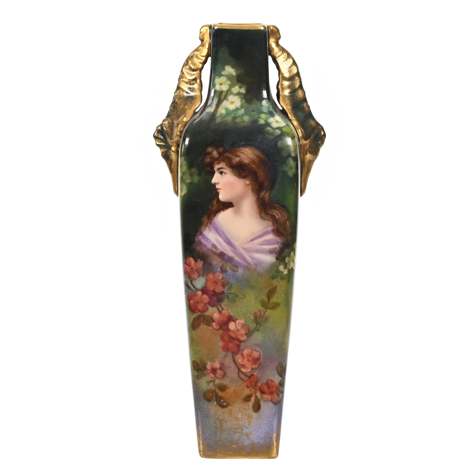 Vase, Unmarked Royal Bonn: Vase, Unmarked Royal Bonn, 8.75" x 3.25", Four-Sided, Green, Lavender And Yellow Tones, Portrait Of Young Woman, Artist Signed, Elfriede & Marvin Miller Estate, ND.