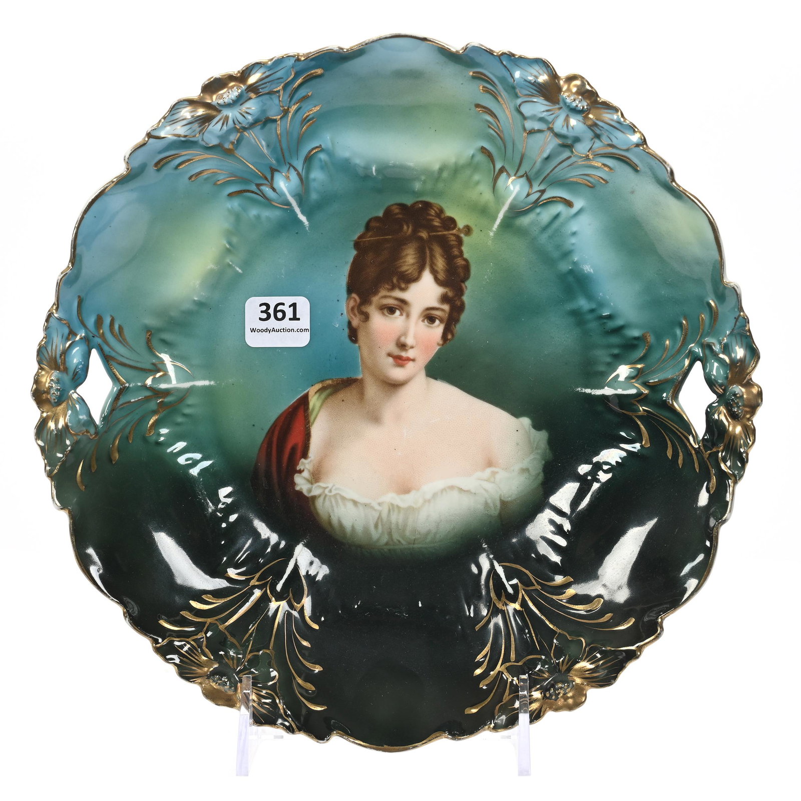 Cake Plate, Unmarked R.S. Prussia: Cake Plate, Unmarked R.S. Prussia, 9.75", Lily Mold, Green And Blue Tones, Racamier Portrait, Gold Trim Highlights, Some Wear On Ridges, Marvin & Kay Kraus, NE.