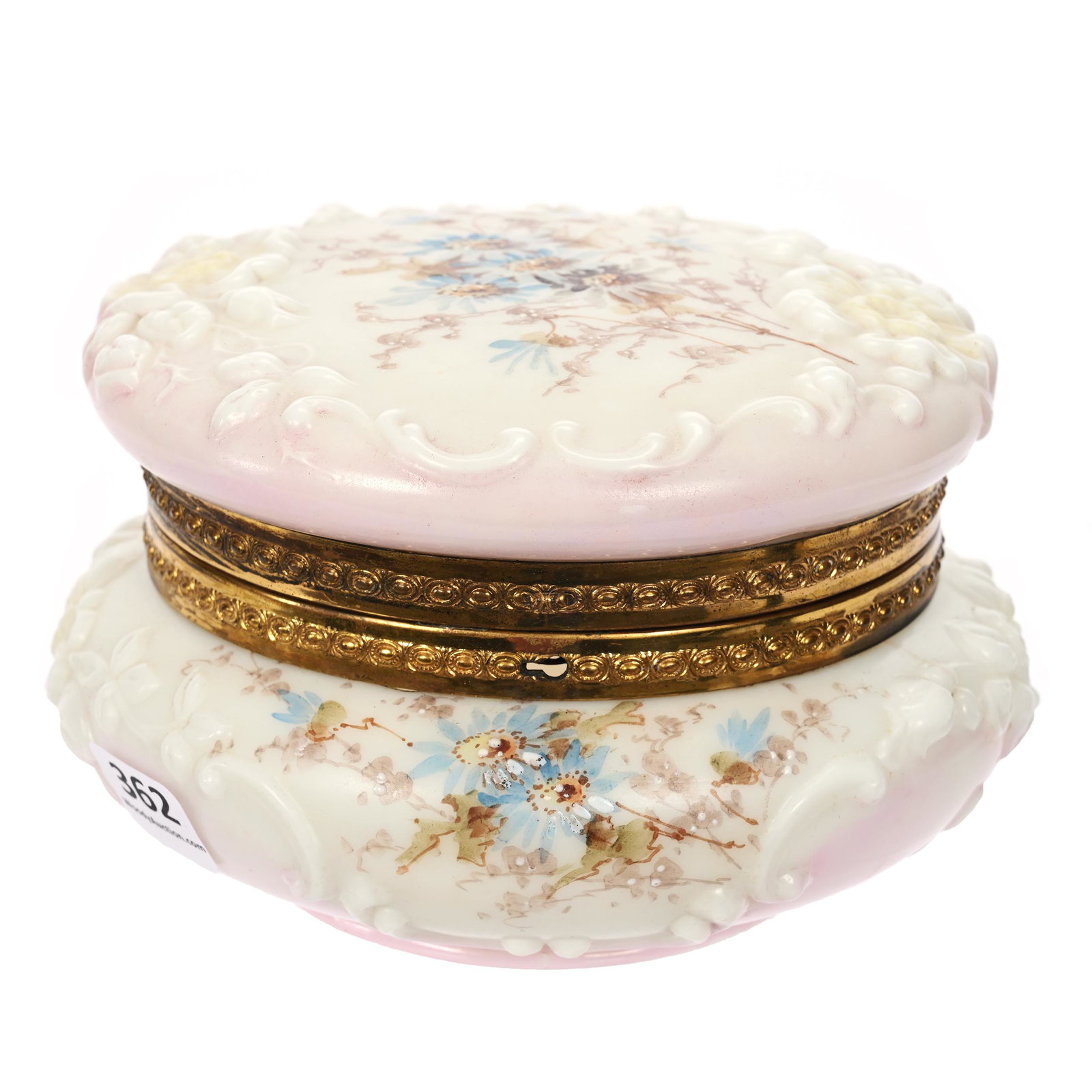 Jewel Box, Wave Crest Banner Mark: Jewel Box, Wave Crest Banner Mark, 3.75" x 5.5", Floral Mold, Pink And White Tones, Blue Floral Decor, Lockable With Key, Clifford Swift Collection, GA.