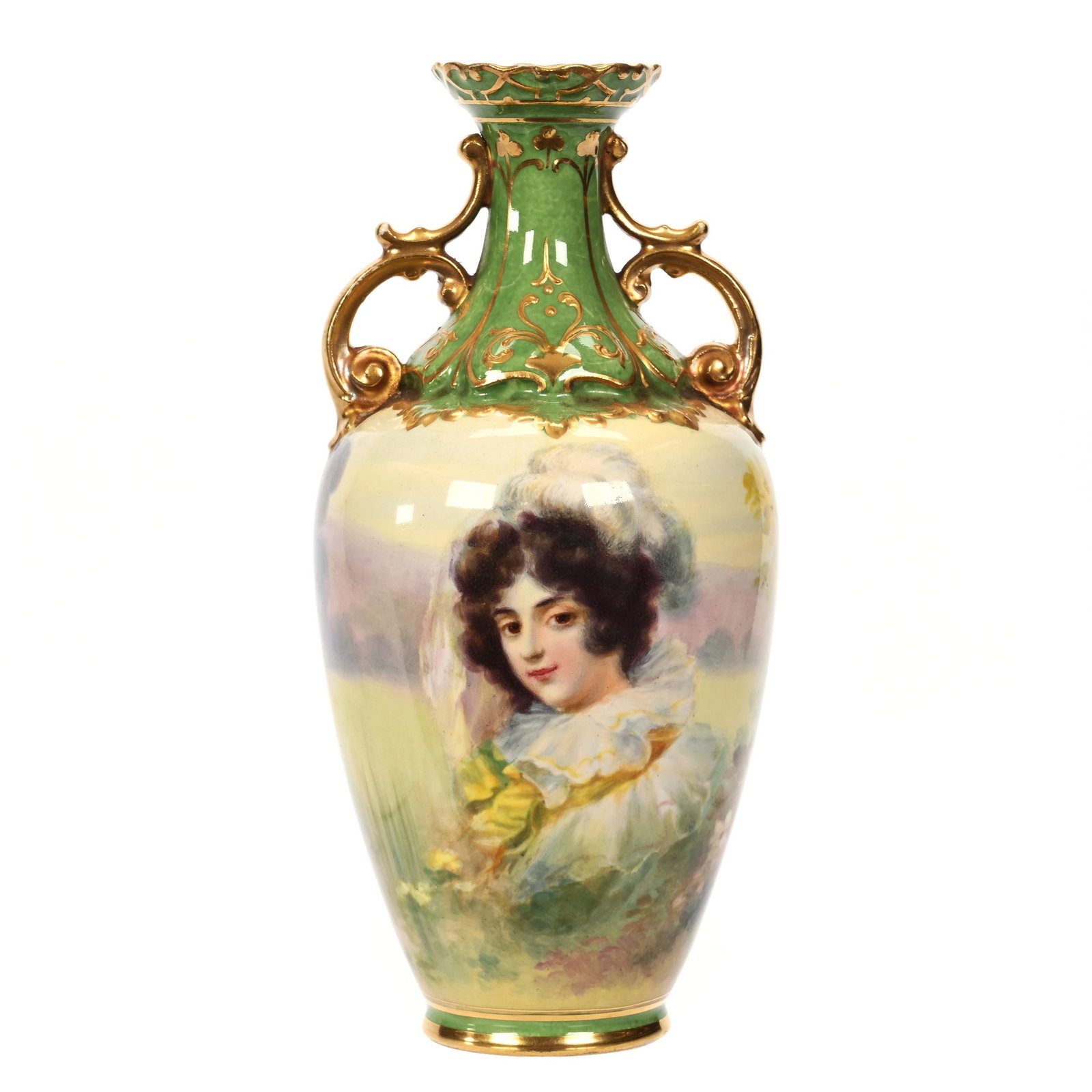 Vase Marked Royal Bonn: Vase Marked Royal Bonn, 8.25" x 3.75", Green, Cream And Yellow Tones, Portrait Of Young Woman, Artist Signed, Nice Gold Trim Highlights, Elfriede & Marvin Miller Estate, ND.