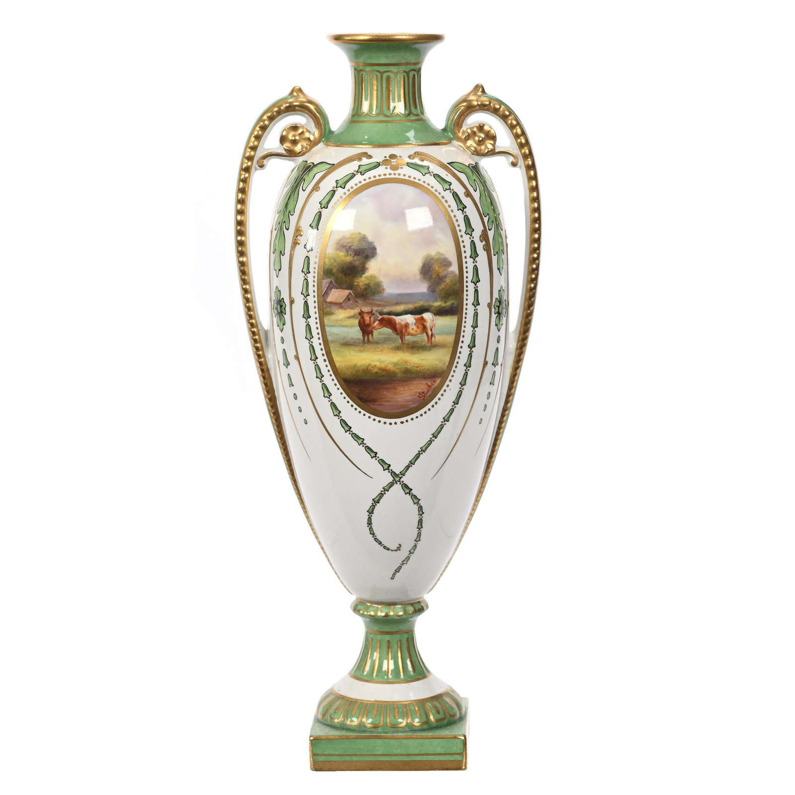 Pedestal Vase Marked Royal Bonn: Pedestal Vase Marked Royal Bonn, 12.25" x 5", White And Green With Medallion Scene Of Cattle In Field, Artist Signed Sticher, Nice Gold Trim Highlights, Elfriede & Marvin Miller Estate, ND.