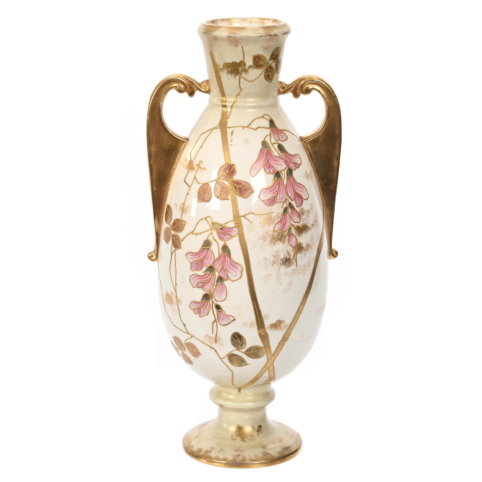 Pedestal Vase Marked Royal Bonn: Pedestal Vase Marked Royal Bonn, 13.25" x 5.75", Cream And Green Tones With Bamboo And Floral Decor, Heavy Gold Trim, Elfriede & Marvin Miller Estate, ND.