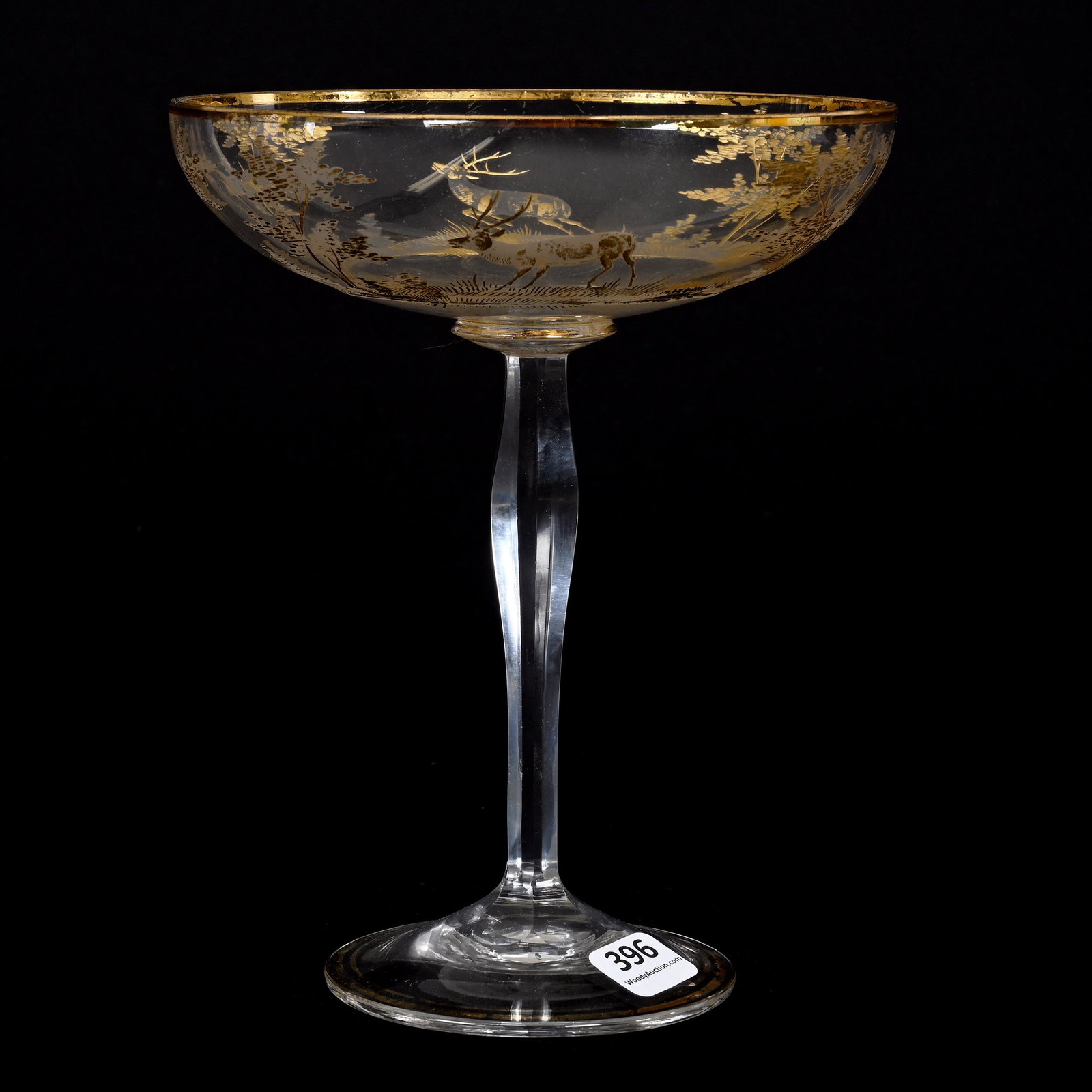 Compote, Clear Bohemian Art Glass: Compote, Clear Bohemian Art Glass, 7.75" x 6.25", Engraved Stag And Forest Decor, Gilded Highlights, Some Wear To Gilding, Marvin & Kay Kraus, NE.