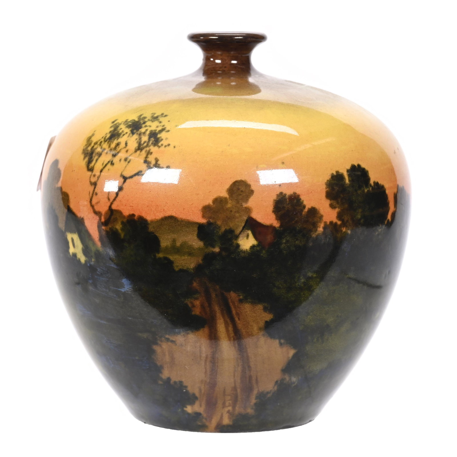Vase Marked Royal Bonn: Vase Marked Royal Bonn, 4.75" x 4.5", Brown, Green, Yellow And Orange Tones, Scenic Decor Of Trees, Cottage And Lake, Artist Signed, Elfriede & Marvin Miller Estate, ND.