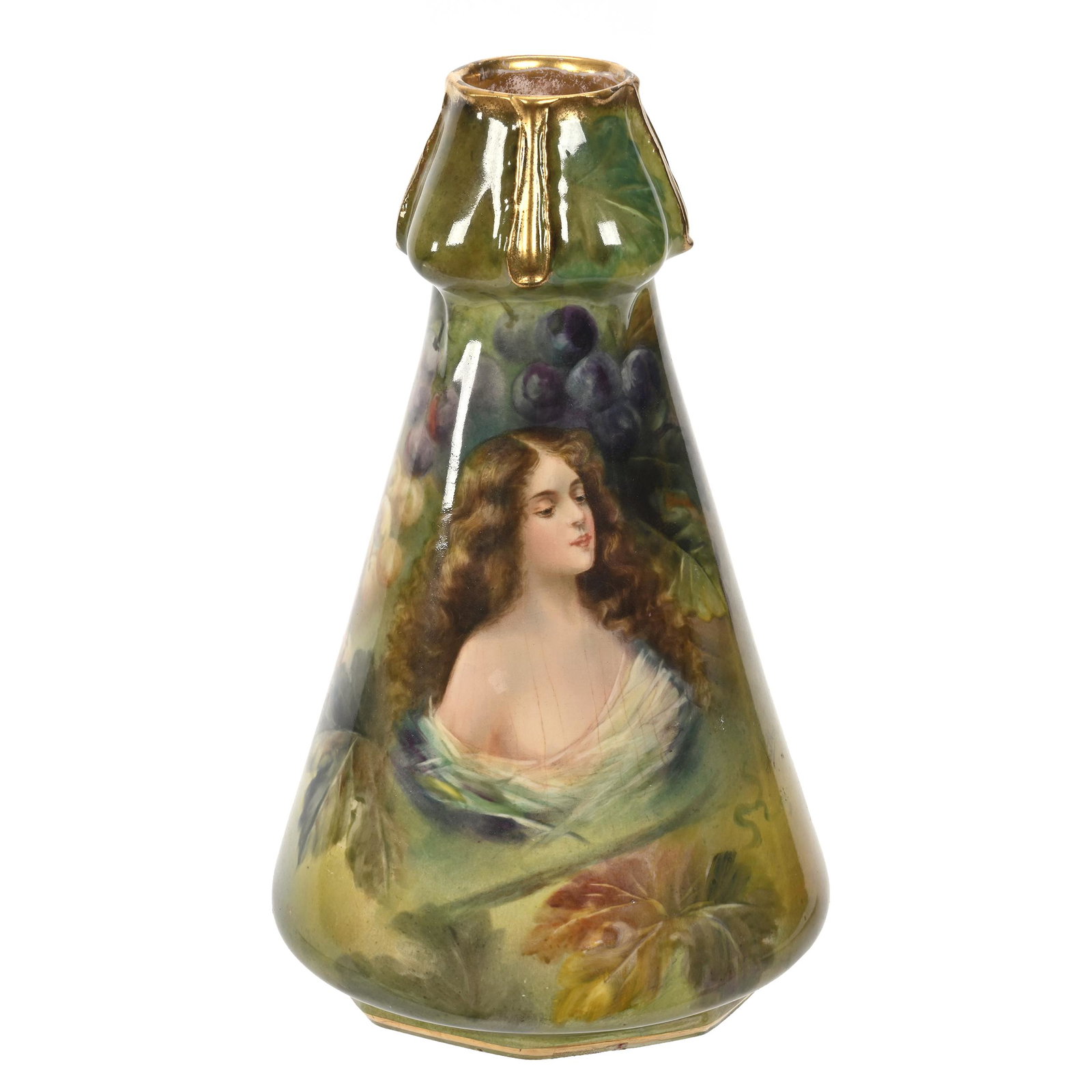 Vase Marked Royal Bonn: Vase Marked Royal Bonn, 9.25" x 5.5", Portrait Of Young Woman In Midst Of Vineyard, Artist Signed, Elfriede & Marvin Miller Estate, ND.