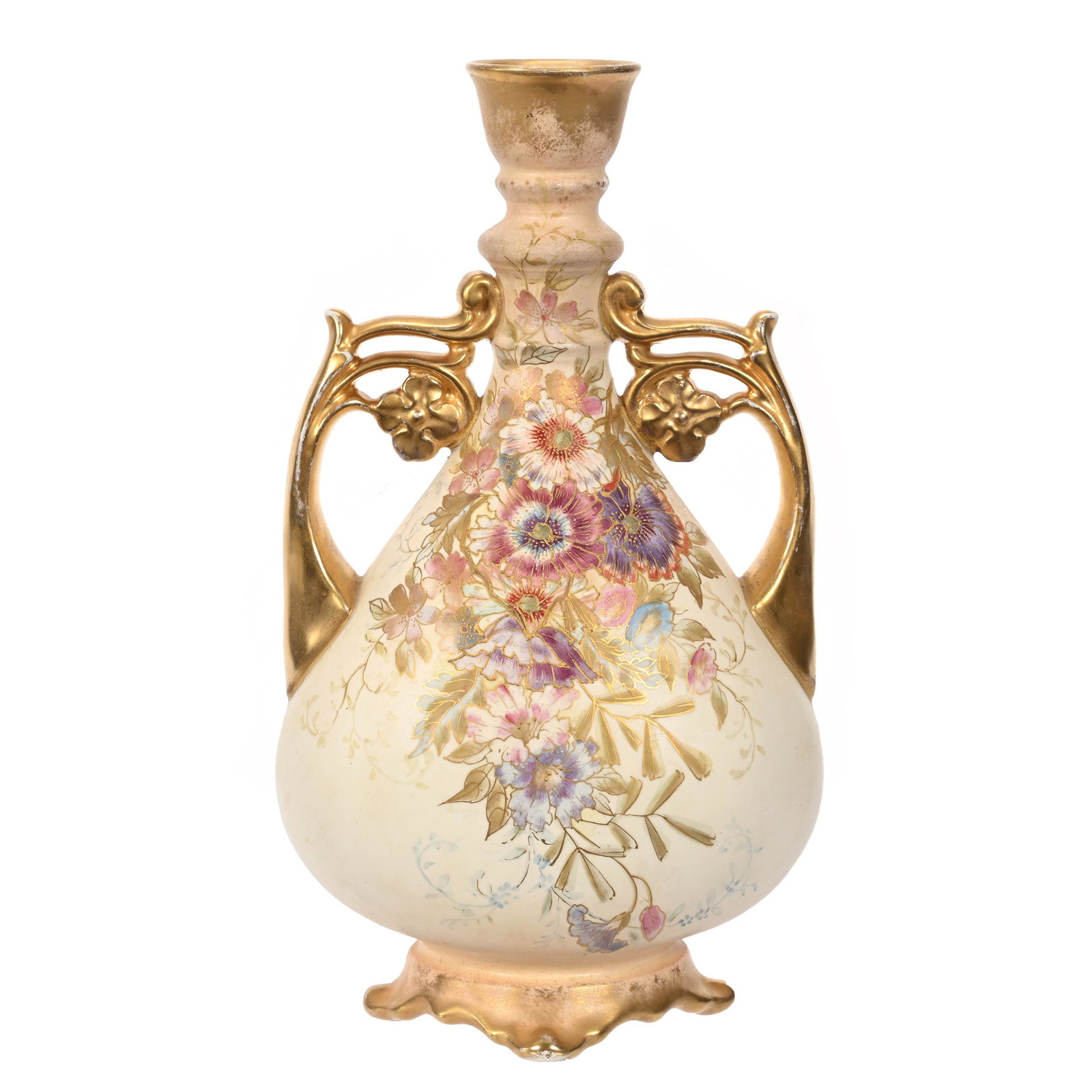 Vase Marked Royal Bonn: Vase Marked Royal Bonn, 10.5" x 6", Cream Tones, Colorful Floral Decor, Gold Trim Highlights, Two Handles, Elfriede & Marvin Miller Estate, ND.