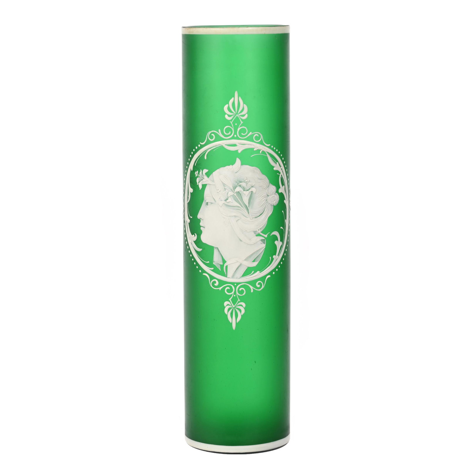 Cylinder Vase, Green Satin Art Glass: Cylinder Vase, Green Satin Art Glass, 14.5" x 3.75", Enamel Cameo Portrait, Hole Drilled In Base, Marvin & Kay Kraus, NE.