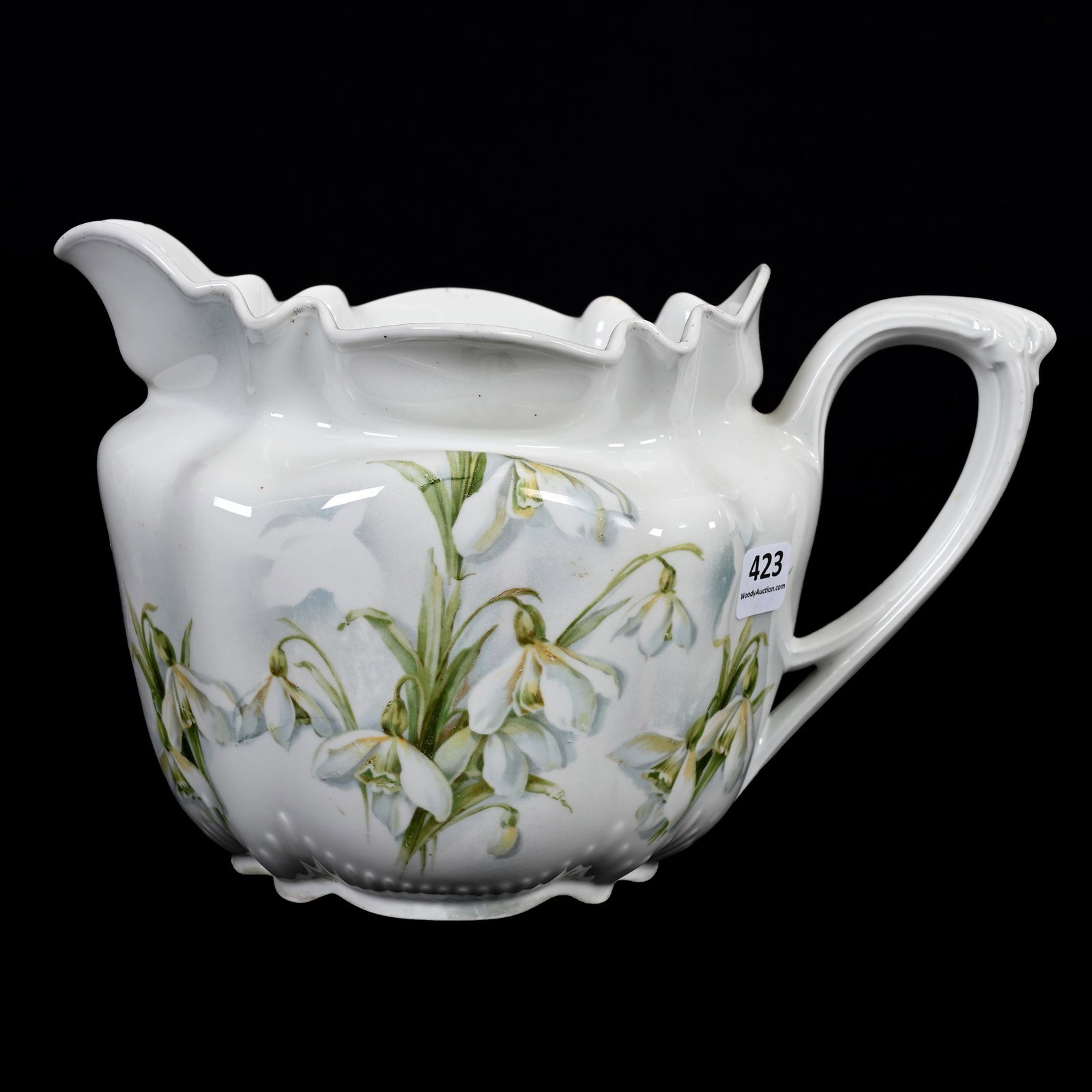 Cider Pitcher Marked Wheelock Prussia: Cider Pitcher Marked Wheelock Prussia, 6.5" x 10", White Luster Finish With White Floral And Green Leaf Decor, Marvin & Kay Kraus, NE.