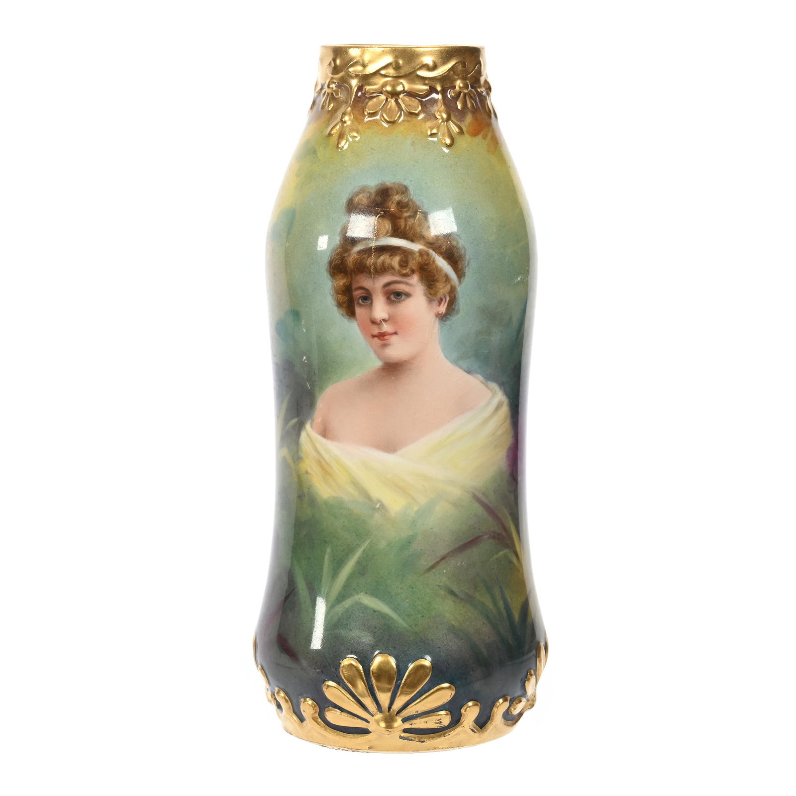 Vase Marked Royal Bonn: Vase Marked Royal Bonn, 9" x 3.5", Green And Yellow Tones, Portrait Of Young Woman, Embossed Floral Gold Border, Elfriede & Marvin Miller Estate, ND.