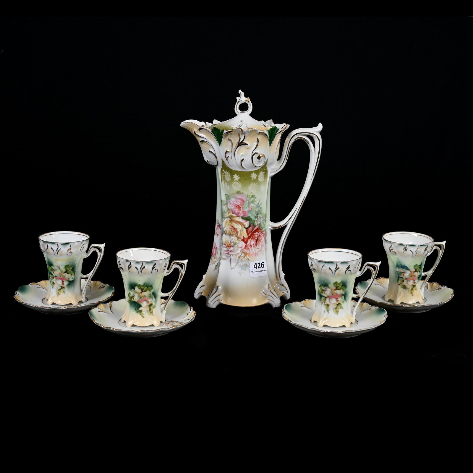 Chocolate Set Marked R.S. Prussia: Chocolate Set Marked R.S. Prussia, Green, White And Cream Tones, Colorful Floral Decor, Gold Trim Highlights, (1) 9.5" x 6.25" Chocolate Pot, (4) 3.25" x 4.25" Cups And Saucers With Magnolia Decor, On