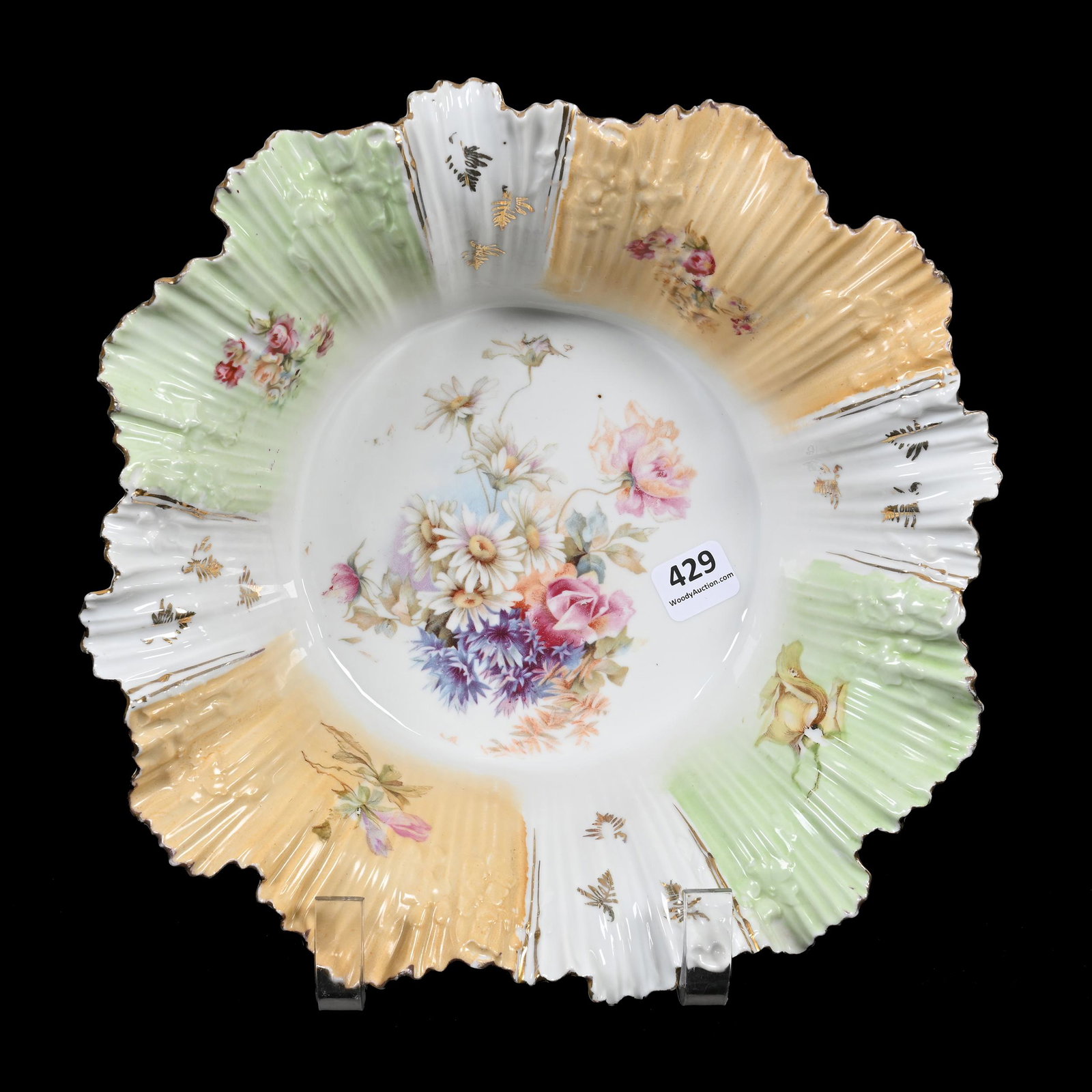 Bowl, Unmarked R.S. Prussia: Bowl, Unmarked R.S. Prussia, 10.25", Pleated Mold, White, Cream And Green Tones, Wild Floral Decor, Marvin & Kay Kraus, NE.