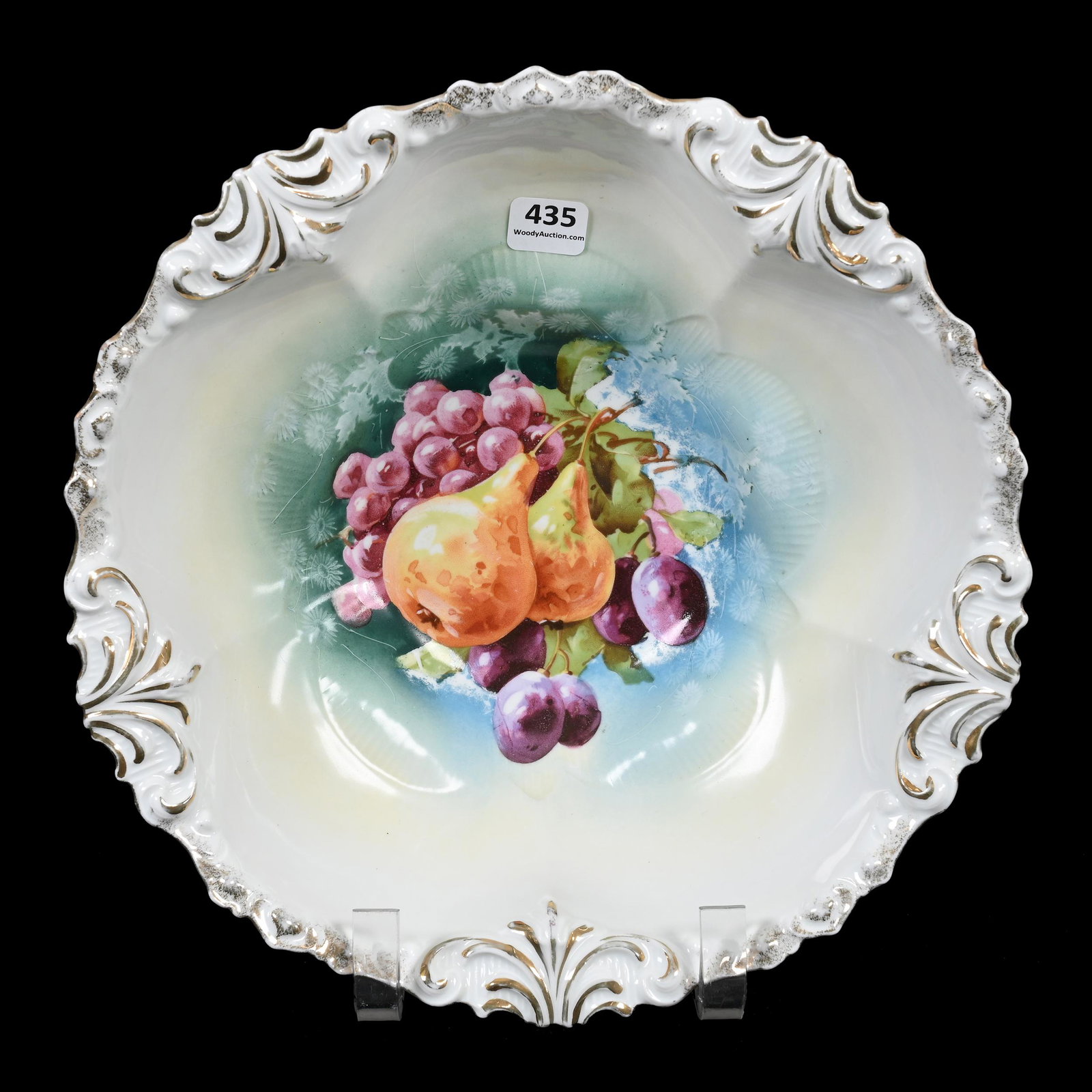 Bowl Marked R.S. Prussia: Bowl Marked R.S. Prussia, 10.5", Fleur De Lys Mold, Green, Blue, Cream And White Tones, Fruit Decor, Marvin & Kay Kraus, NE.
