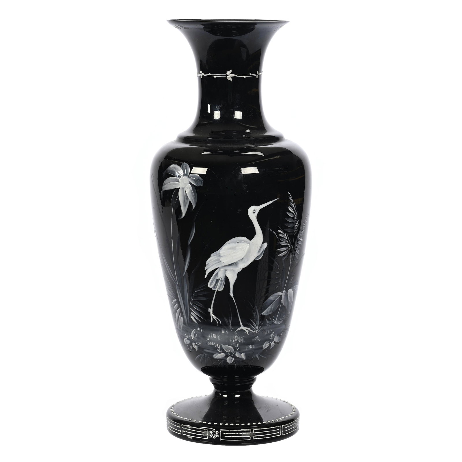 Pedestal Vase, Black Amethyst Art Glass: Pedestal Vase, Black Amethyst Art Glass, 14.25" x 5.25", White Enamel Stork Scenic Decor, Marvin & Kay Kraus, NE.
