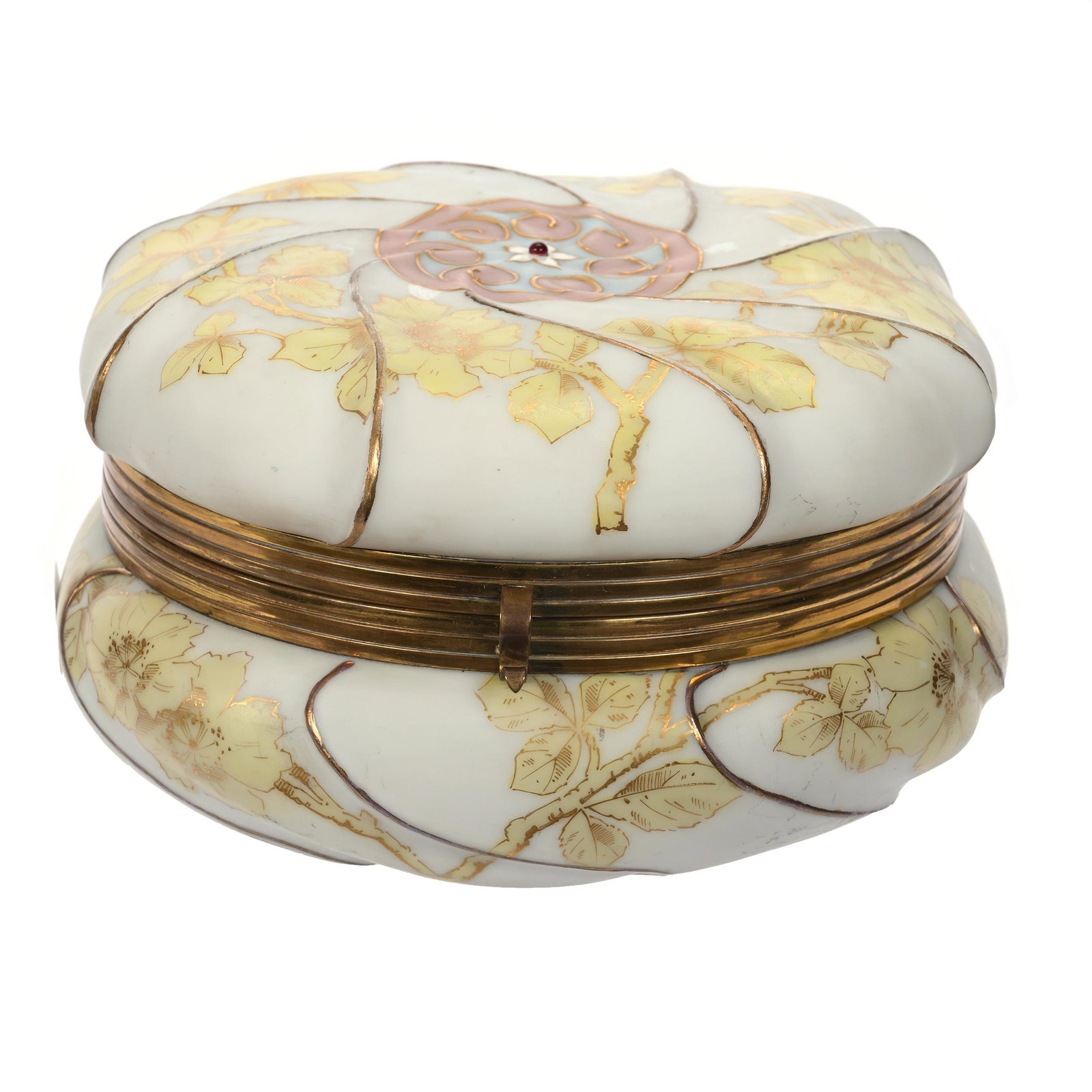 Jewel Box, Unmarked Wave Crest: Jewel Box, Unmarked Wave Crest, 4" x 7", Swirl Mold, White, Pink And Blue, Yellow Floral Decor, Red Jewel Highlights, Original Lining, Clifford Swift Collection, GA.