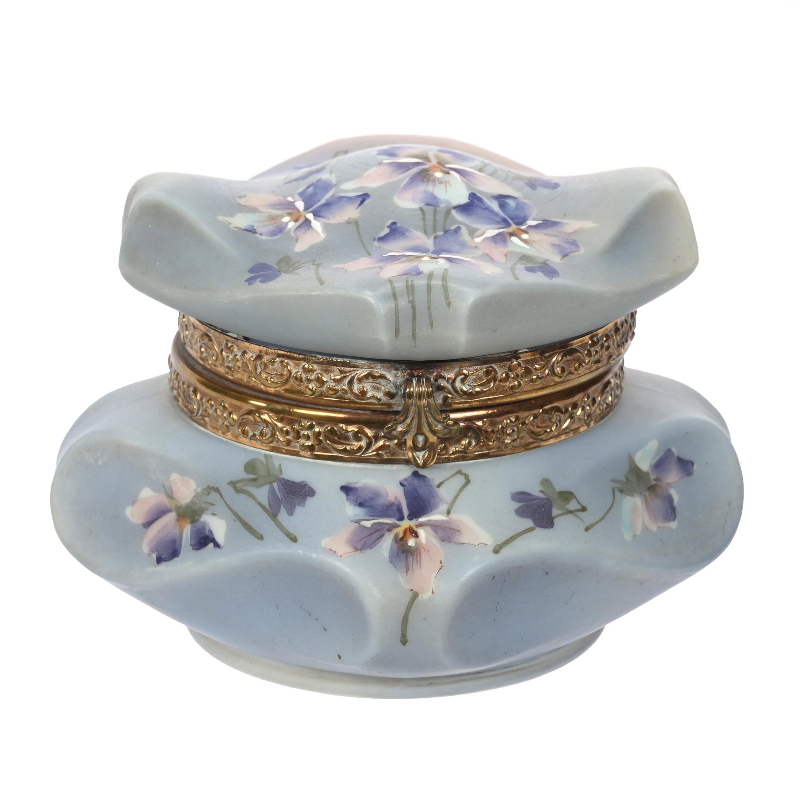 Jewel Box Marked Nakara: Jewel Box Marked Nakara, 3.75" x 5.25", Bishops Hat Mold, Blue And Pink Tones, Violet Decor, Original Lining, Clifford Swift Collection, GA.