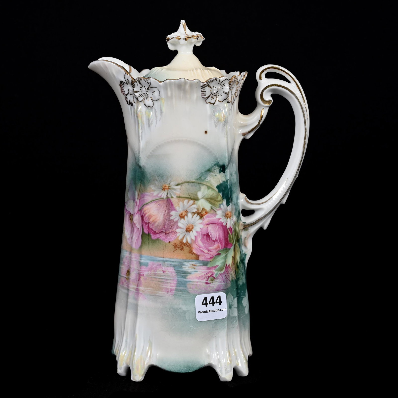 Chocolate Pot Marked R.S. Prussia: Chocolate Pot Marked R.S. Prussia, 9.25" x 5.75", Icicle Mold, Cream And Green Tones, Reflecting Floral Decor, Small Interior Rim Chip On Lid, Tiny Nick On Rim Of Pot, Marvin & Kay Kraus, NE.