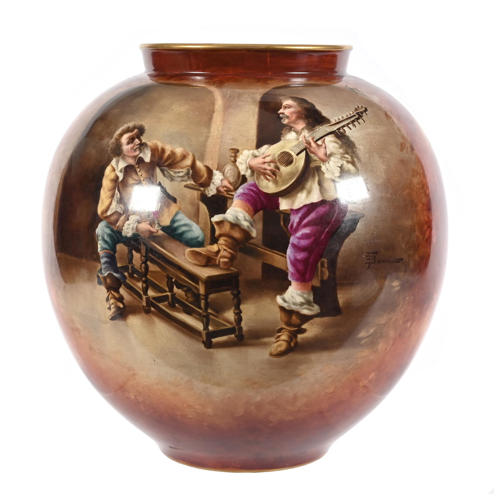 Bulbous Vase Marked Royal Bonn: Bulbous Vase Marked Royal Bonn, 12" x 11", Brown And Yellow Tones With Tavern Scenic Decor, Artist Signed, Nice Example, Elfriede & Marvin Miller Estate, ND.