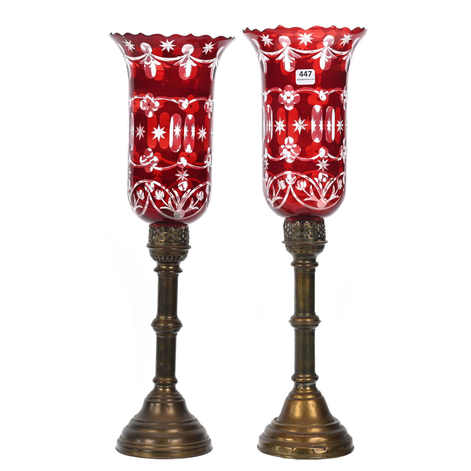 Pair Candle Lamps, Ruby Flash Cut Shades (1 of 3)