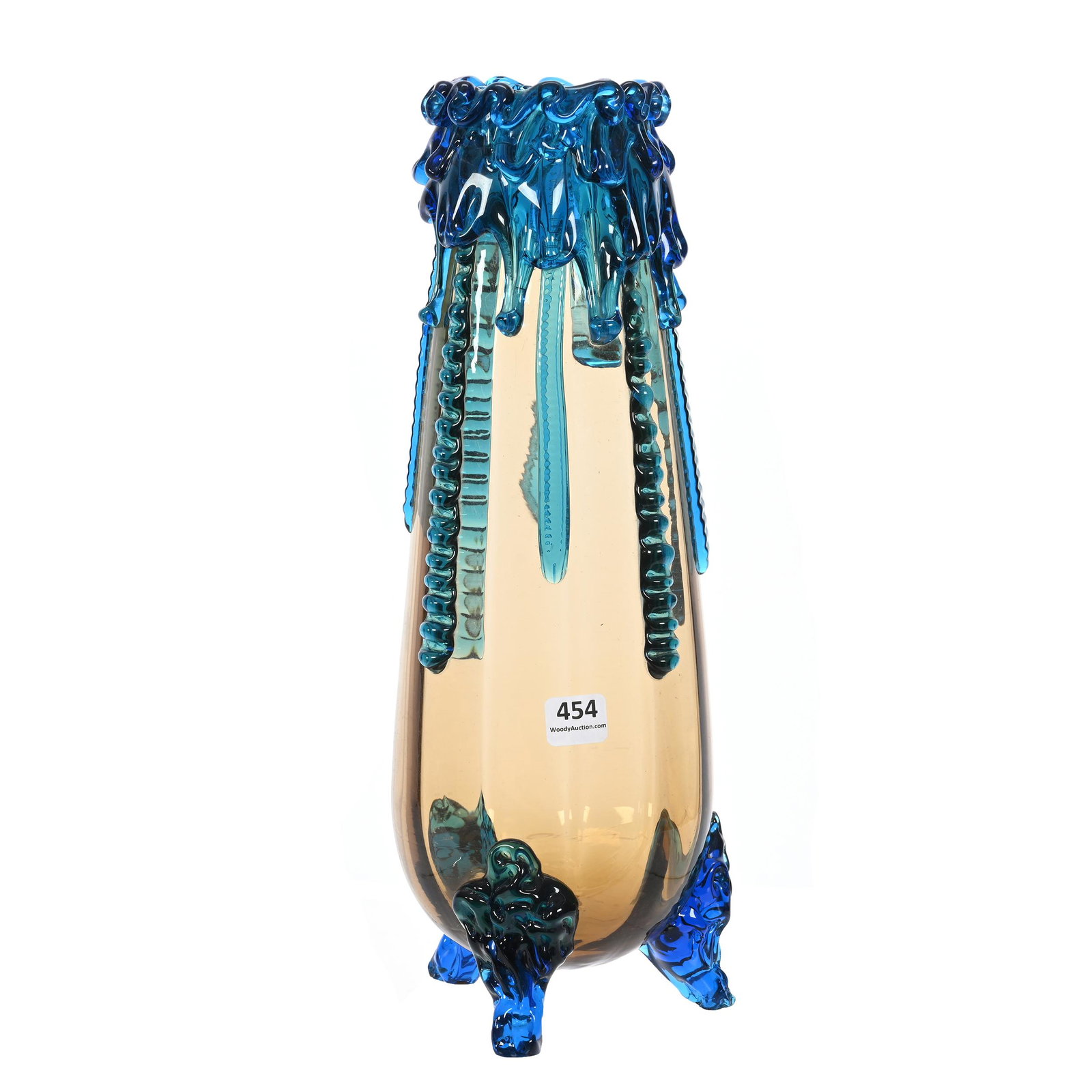 Vase, Amber Optic Rib Art Glass: Vase, Amber Optic Rib Art Glass, 13.5" x 4.5", Blue Applied Drip Rim And Feet, One Foot With Minor Chip, Elfriede & Marvin Miller Estate, ND.