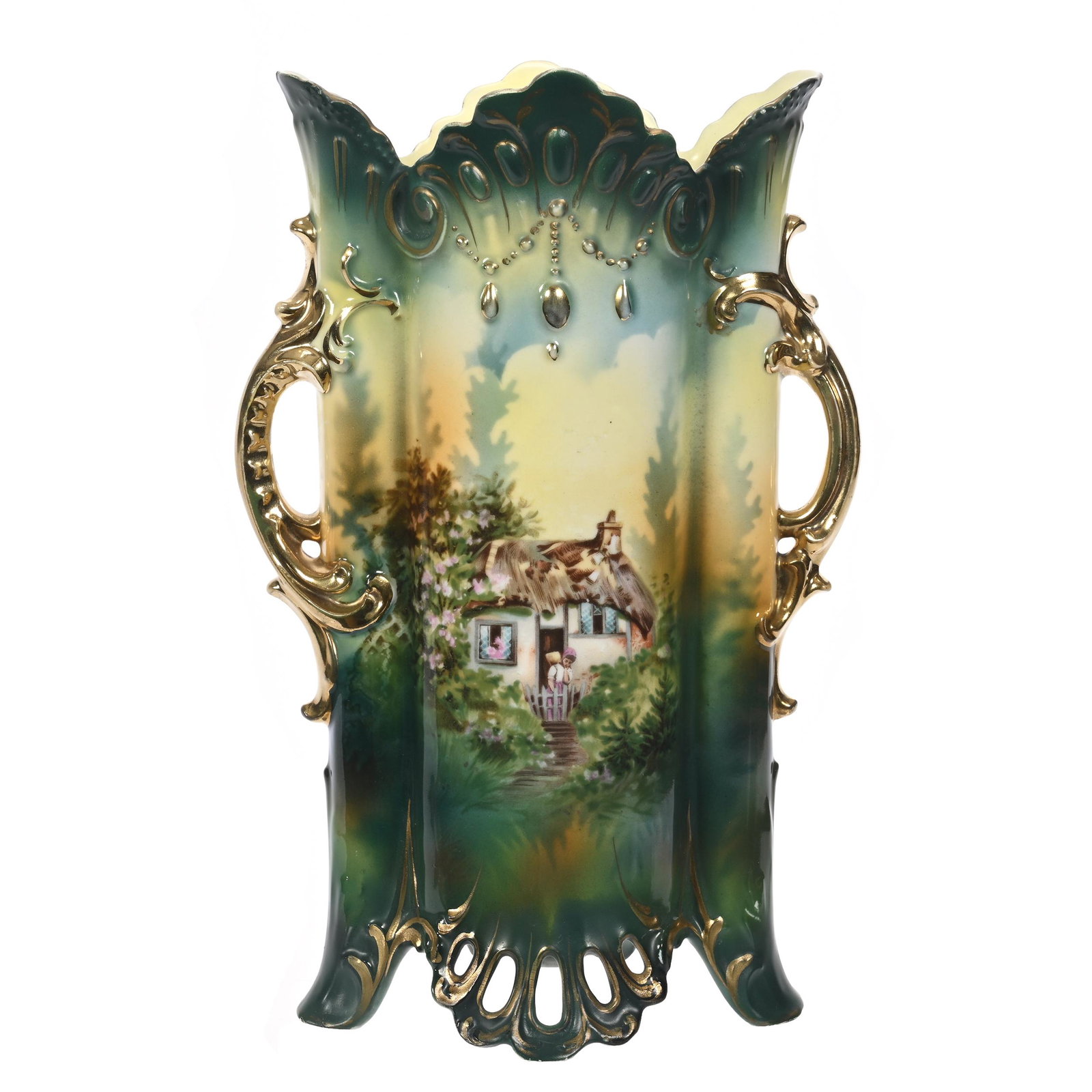Vase Marked R.S. Prussia: Vase Marked R.S. Prussia, 9" x 5.75", Green And Yellow Tones, Cottage Scenic Decor, Jewel Mold, Gold Trim Highlights, Professional Rim Touch-Up, Marvin & Kay Kraus, NE.