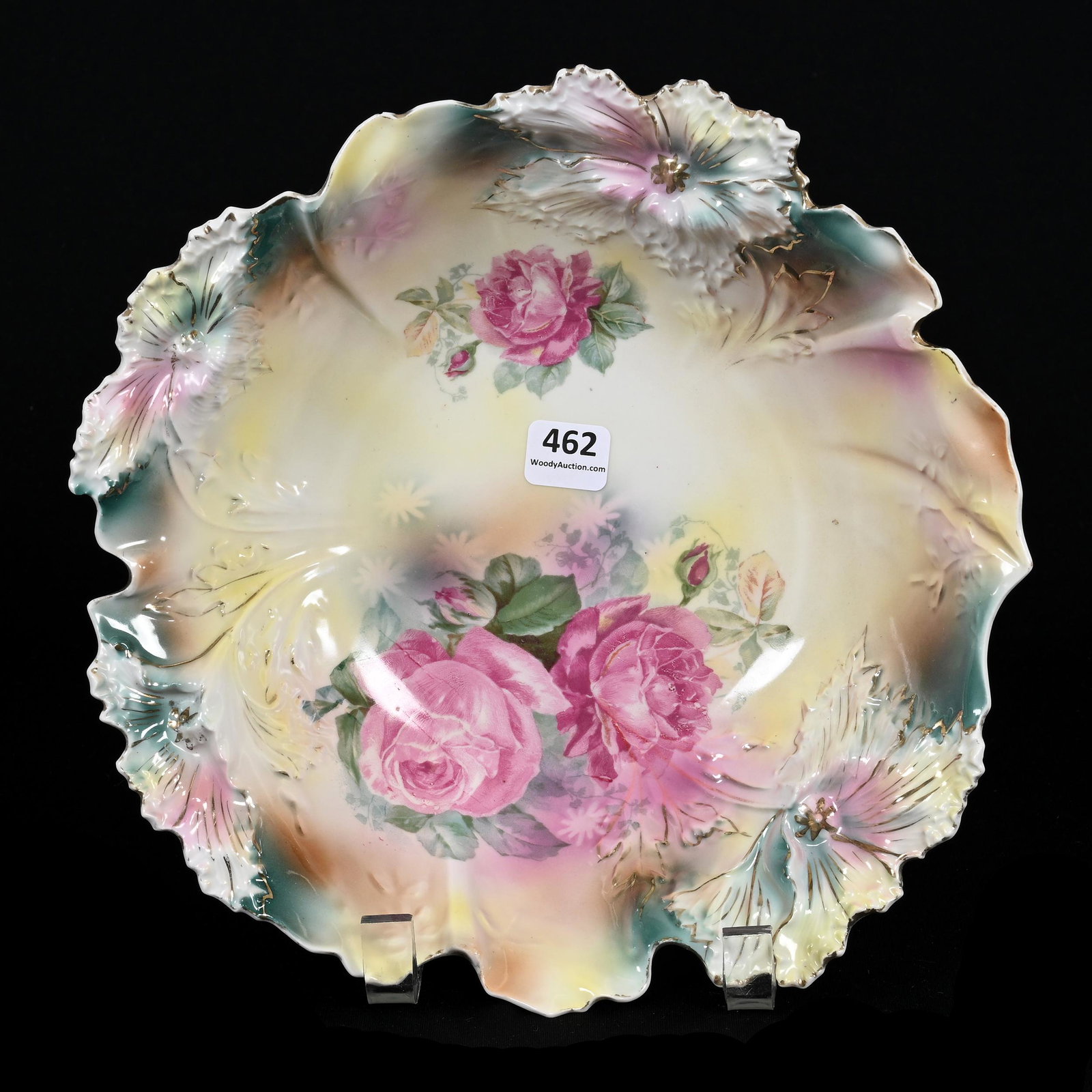 Bowl Marked R.S. Prussia: Bowl Marked R.S. Prussia, 9.5", Carnation Mold, Yellow, Green And Pink Tones, Pink Rose Decor, Marvin & Kay Kraus, NE.