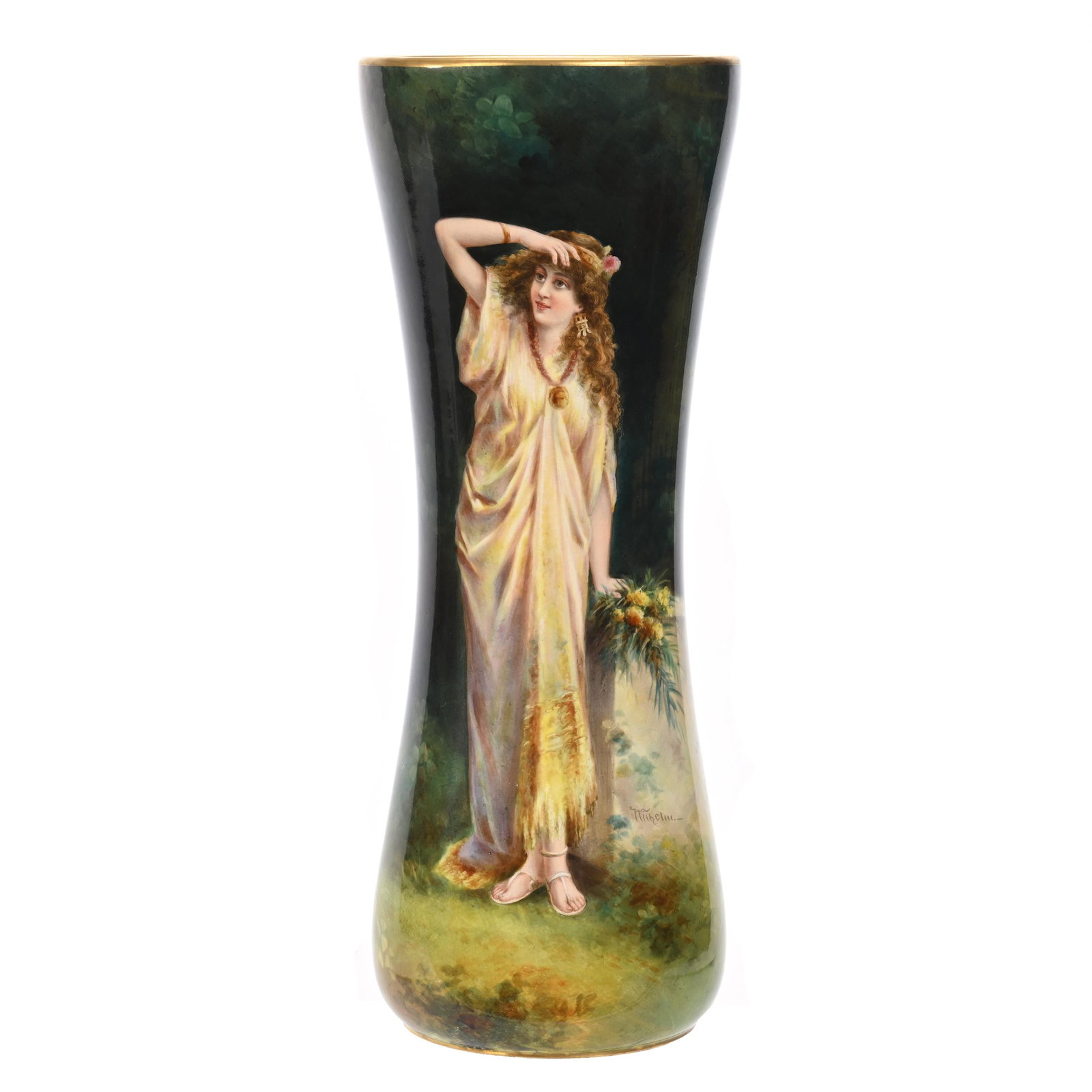 Vase Marked Royal Bonn: Vase Marked Royal Bonn, 14.25" x 5.5", Green, Yellow And Brown Tones, Scene Of Young Woman In Yellow Dress, Artist Signed, Elfriede & Marvin Miller Estate, ND.