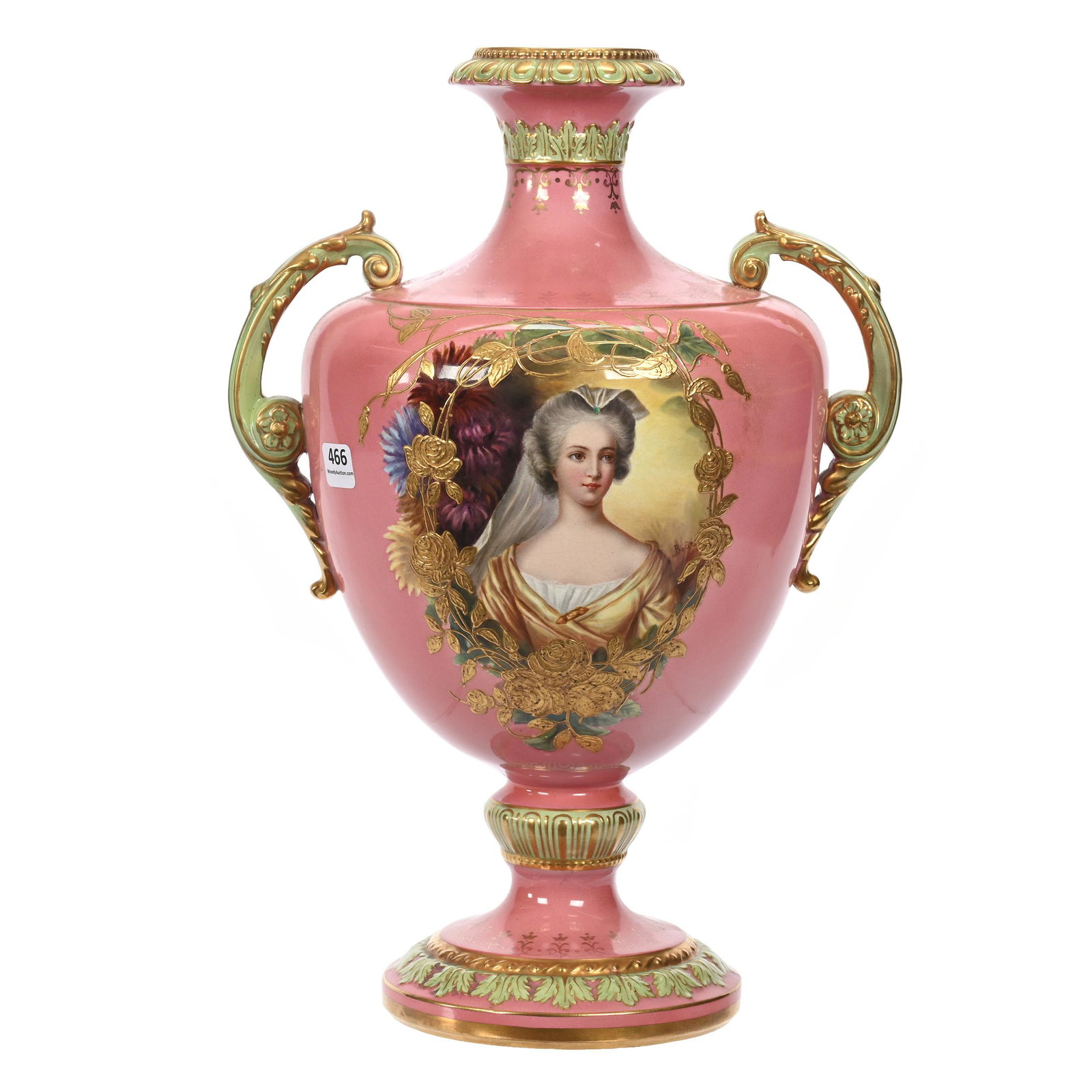 Pedestal Vase Marked Royal Bonn: Pedestal Vase Marked Royal Bonn, 15.5" x 10.5", Pink Tones, Green Trim Highlights, Beautiful Hand Painted Portrait Of Young Woman, Artist Signed, Possible Touch-Up Near One Handle, Elfriede & Marvin M