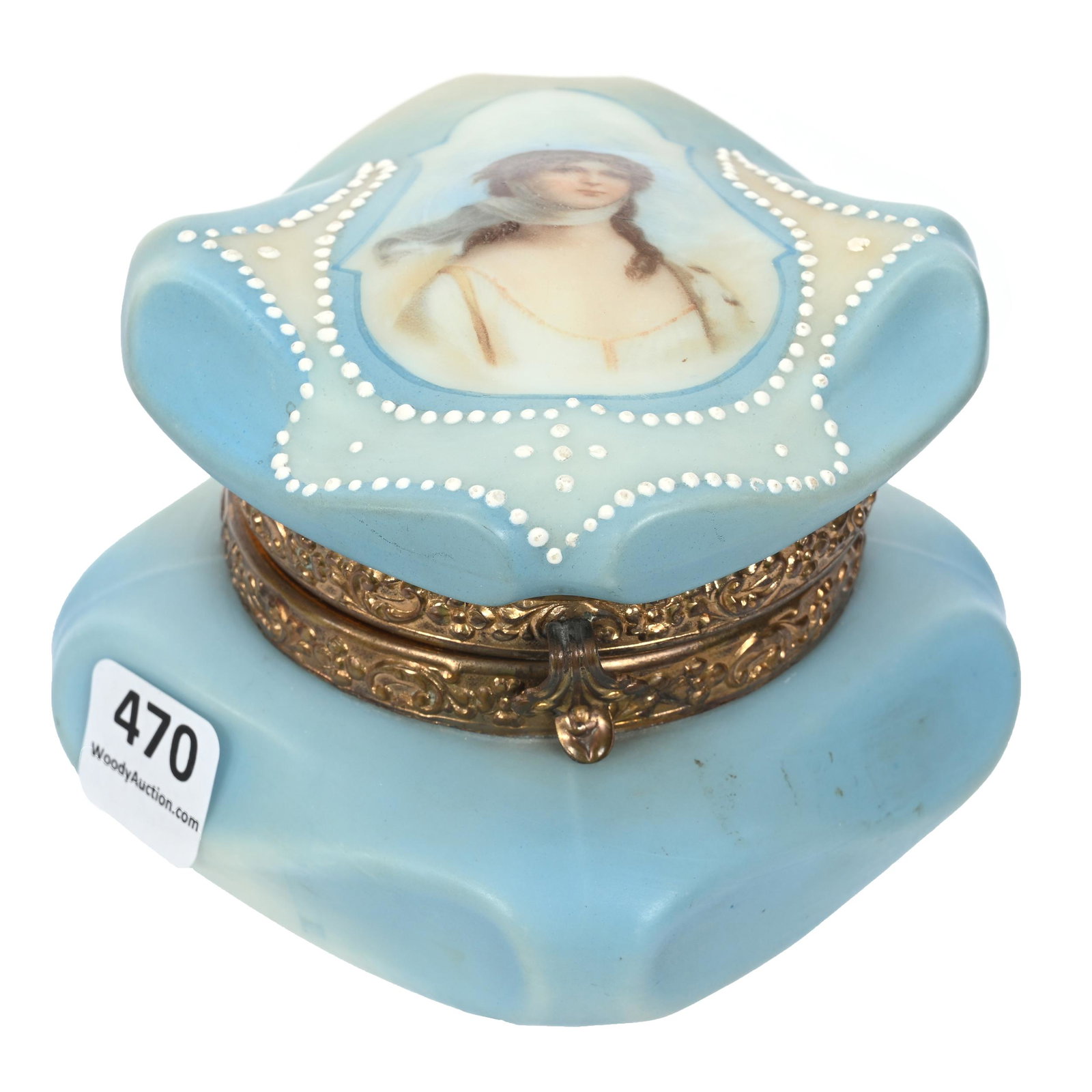 Jewel Box Marked Nakara: Jewel Box Marked Nakara, 3.5" x 4.25", Bishops Hat Mold, Blue And Cream Tones, Portrait Of Queen Louisa, White Enamel Beaded Highlights, Original Lining, Clifford Swift Collection, GA.